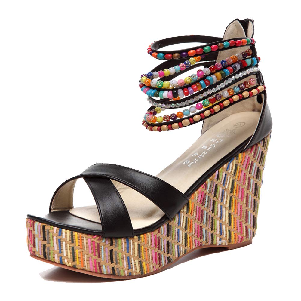 Getmorebeauty Women's Pearl Embellished Wedge Sandals - Comfortable Platform High Heels for Summer, Beach, and Casual Outings