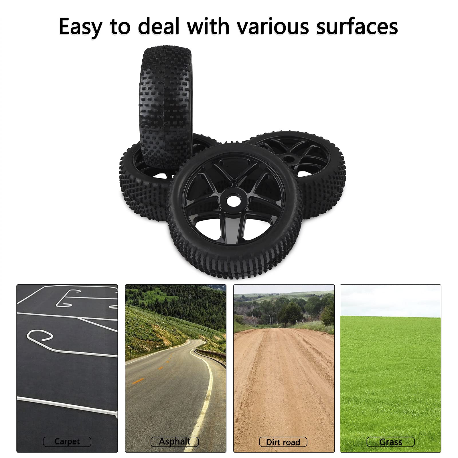 4PCS 1/8 Scale RC Car Tires & Wheels Set - 17mm Hex Off-Road Buggy Rubber Tires with Foam Inserts - Durable Black Rims for RC Crawler, Truggy, Rock Racer - Perfect for Racing, Bashing & Off-Road Adventures