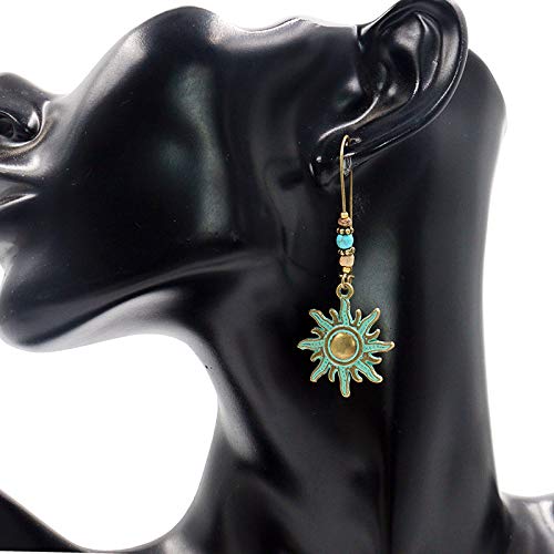 Vintage Bronze Ethnic Teal Green Sunflower Hamsa Hand Pendant Earrings for Women - Long Tassel Dangle Drop Earrings with Feather Rose Flower Design | Perfect for Boho Fashion, Festivals & Special Occasions