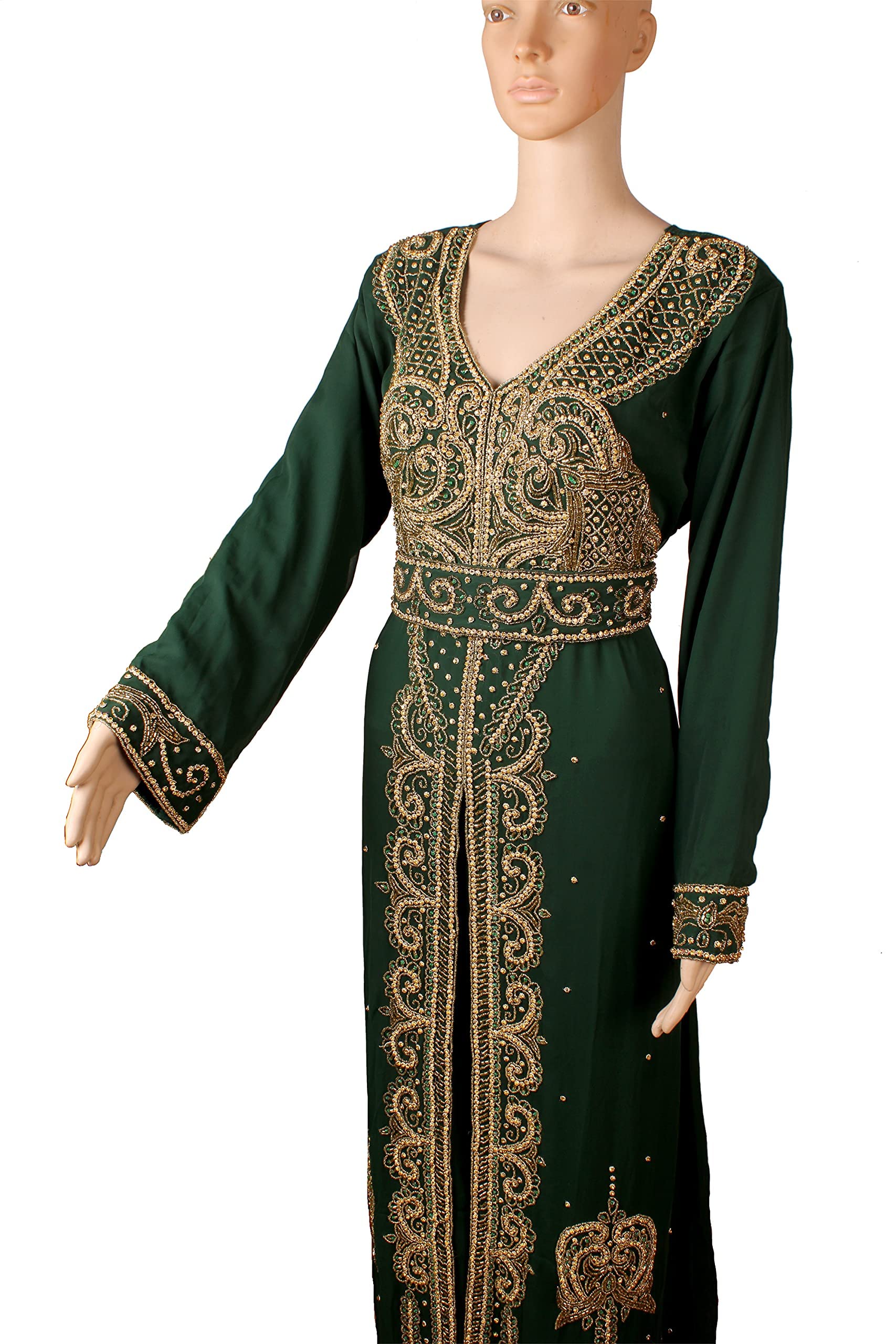 Elegant Long Sleeve Abaya Kaftan Dress for Women - Dubai Muslim Maxi Gown, Moroccan Farasha Designer Kaftan by AFREEN CREATION (D Green 2, XL) | Perfect for Eid, Wedding, Party & Special Occasions