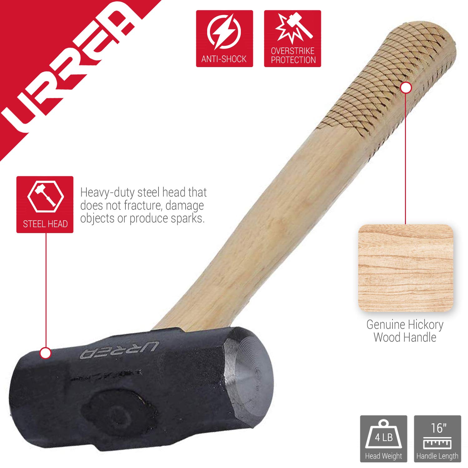 URREA 4-Pound Steel Head Sledge Hammer with Forged Striking Surface & Hickory Wood Handle - Heavy Duty Drilling Hammer for Construction, Demolition, and Metalwork (Model 1435EG)