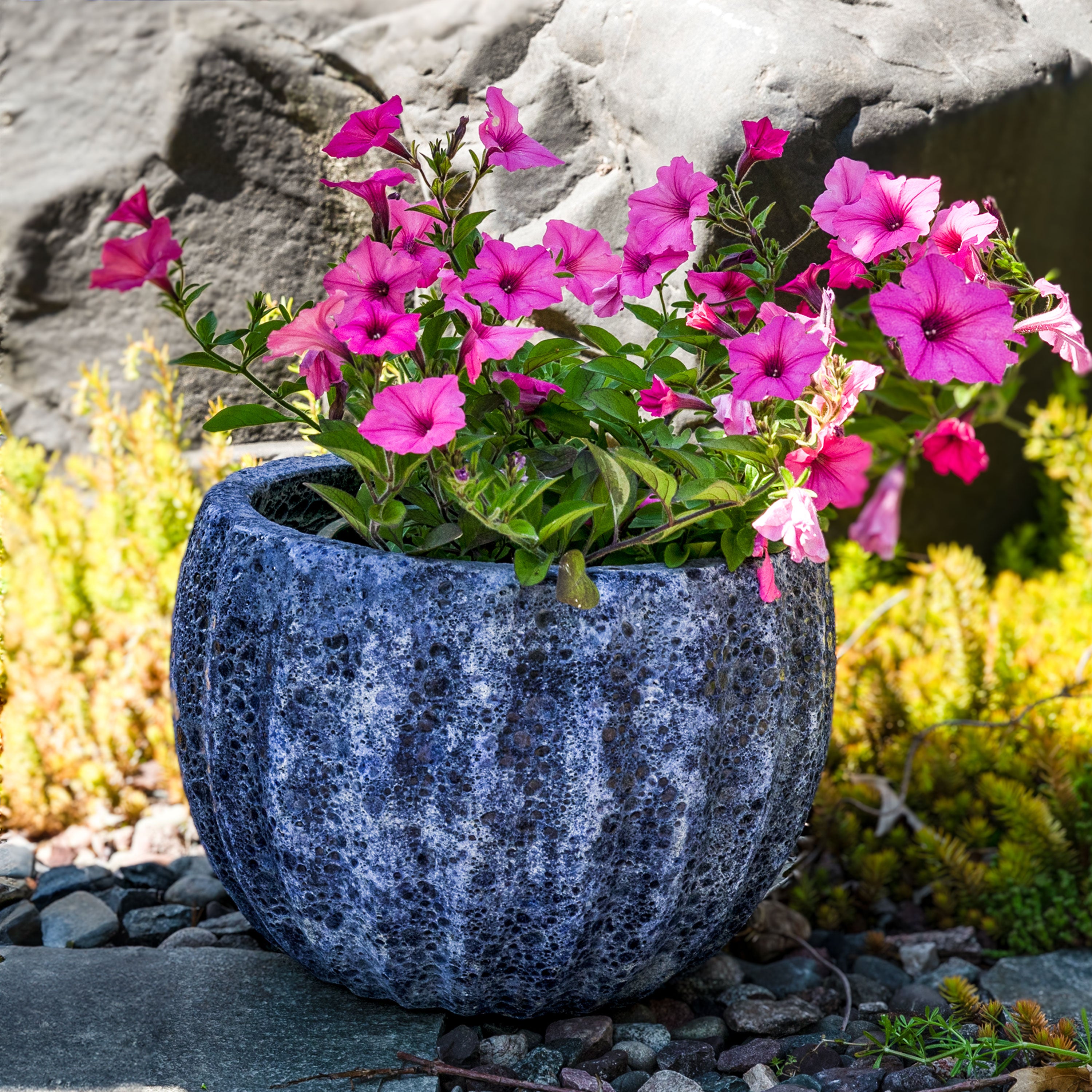 Sunnydaze 13.5 Inch Ceramic Flower Pot with Dark Blue Fluted Lava Finish - Perfect for Indoor Plants, Home Decor & Garden Decorations