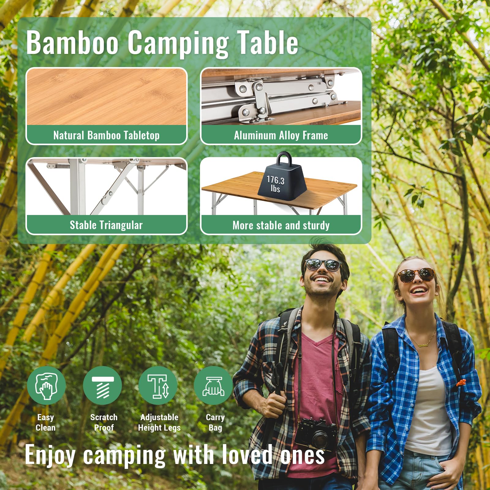 KingCamp 4-Fold Lightweight Bamboo Camping Table with Adjustable Aluminum Legs - Portable Folding Picnic Table for Outdoor, Beach, RV, Camping & Indoor Use - Includes Carry Bag for Easy Transport
