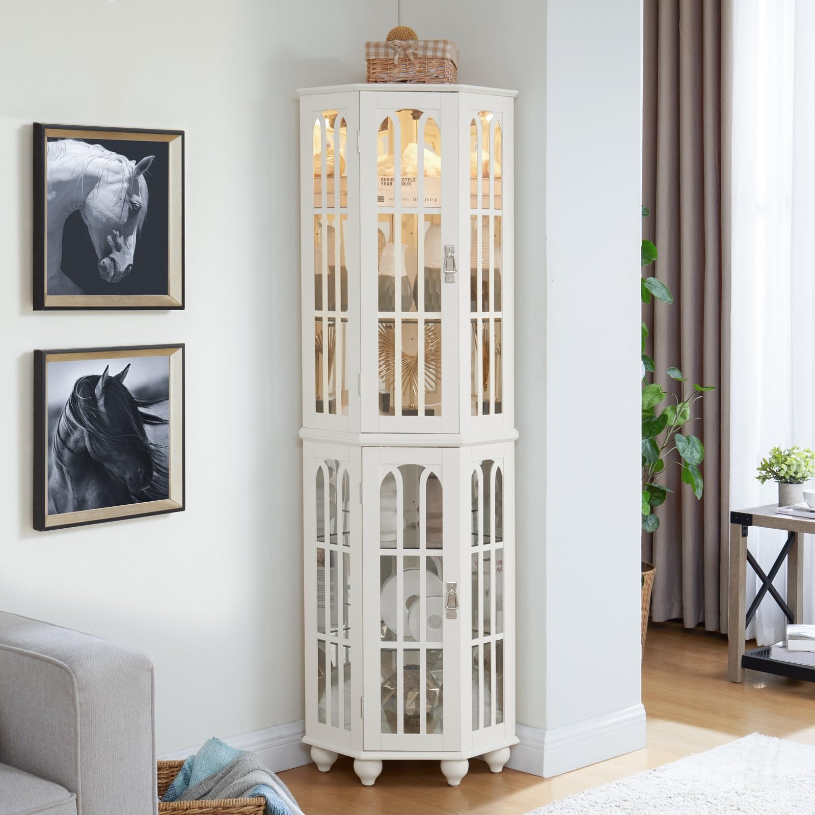 White Corner Curio Cabinet with 4 Adjustable Tempered Glass Shelves & LED Lighting - 3-Side Glass Display Cabinet with Acrylic Mirrored Back Panel - Perfect for Living Room, Dining Room, or Office Décor