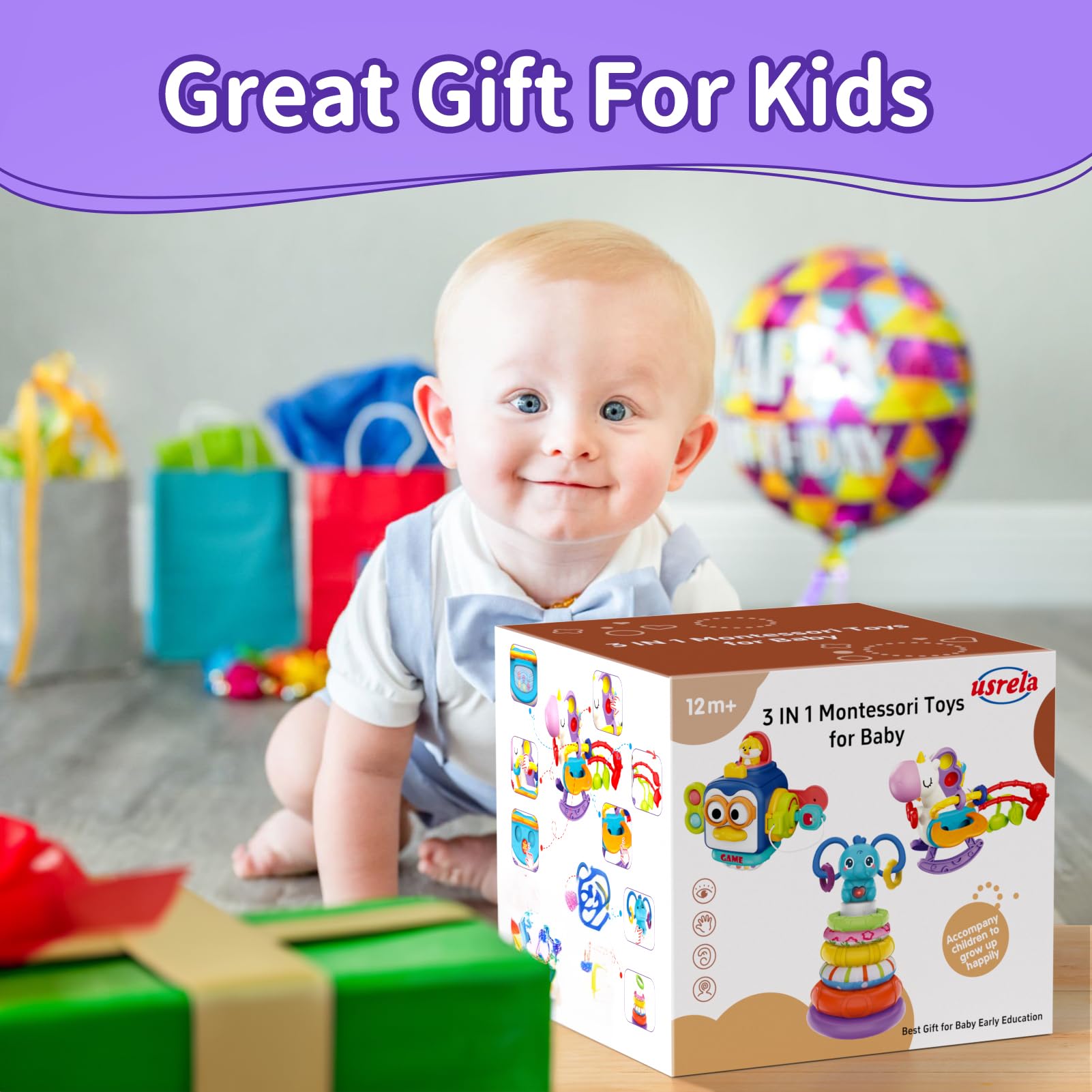 Montessori Toys for 1-3 Year Old Babies - Sensory Busy Board with Pull String Teether & Stacking Blocks - 3-in-1 Travel Learning Toy Gift for Toddlers Boys & Girls - Perfect for Airplane, Car Rides & Early Childhood Development