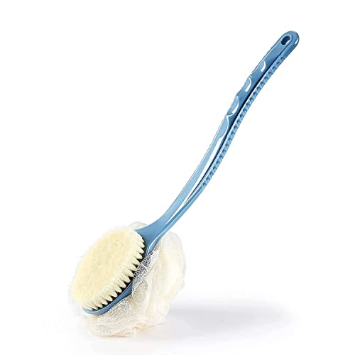 BLINE 2 in 1 Back Scrubber Brush with Exfoliating Bristles & Loofah - Long Curved Handle for Deep Cleansing & Skin Exfoliation - Wet/Dry Use for Men & Women (Multicolor) - Perfect for Shower, Bath & Spa Relaxation