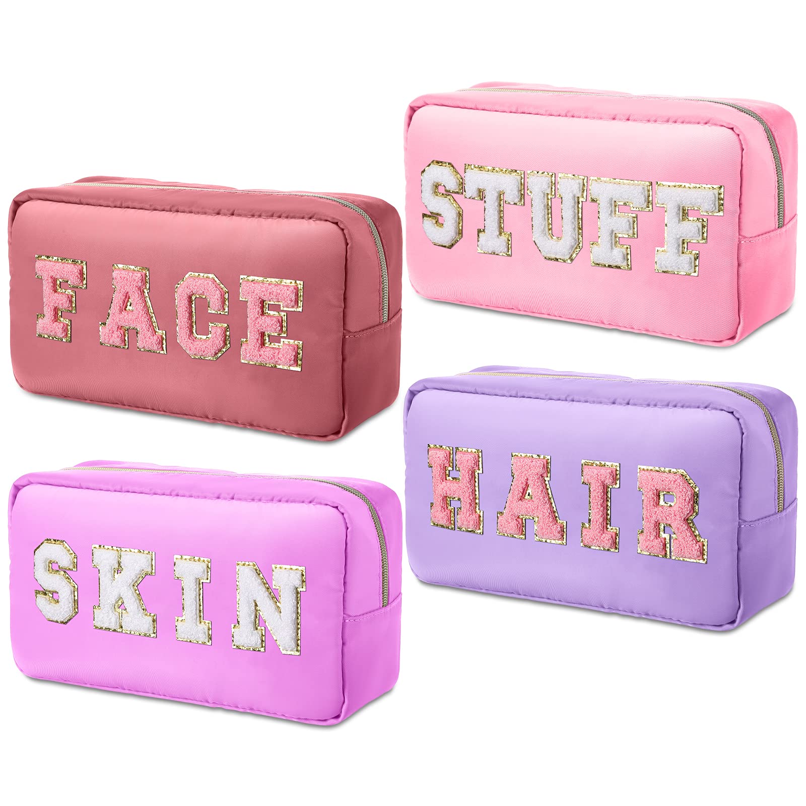 Remerry 4-Piece Waterproof Makeup Bags Set - Travel Cosmetic Organizer with Chenille Letters, Preppy Toiletry Pouches for Women & Teens (Pink Gradient) - Perfect for Gym, Vacation & Daily Beauty Storage
