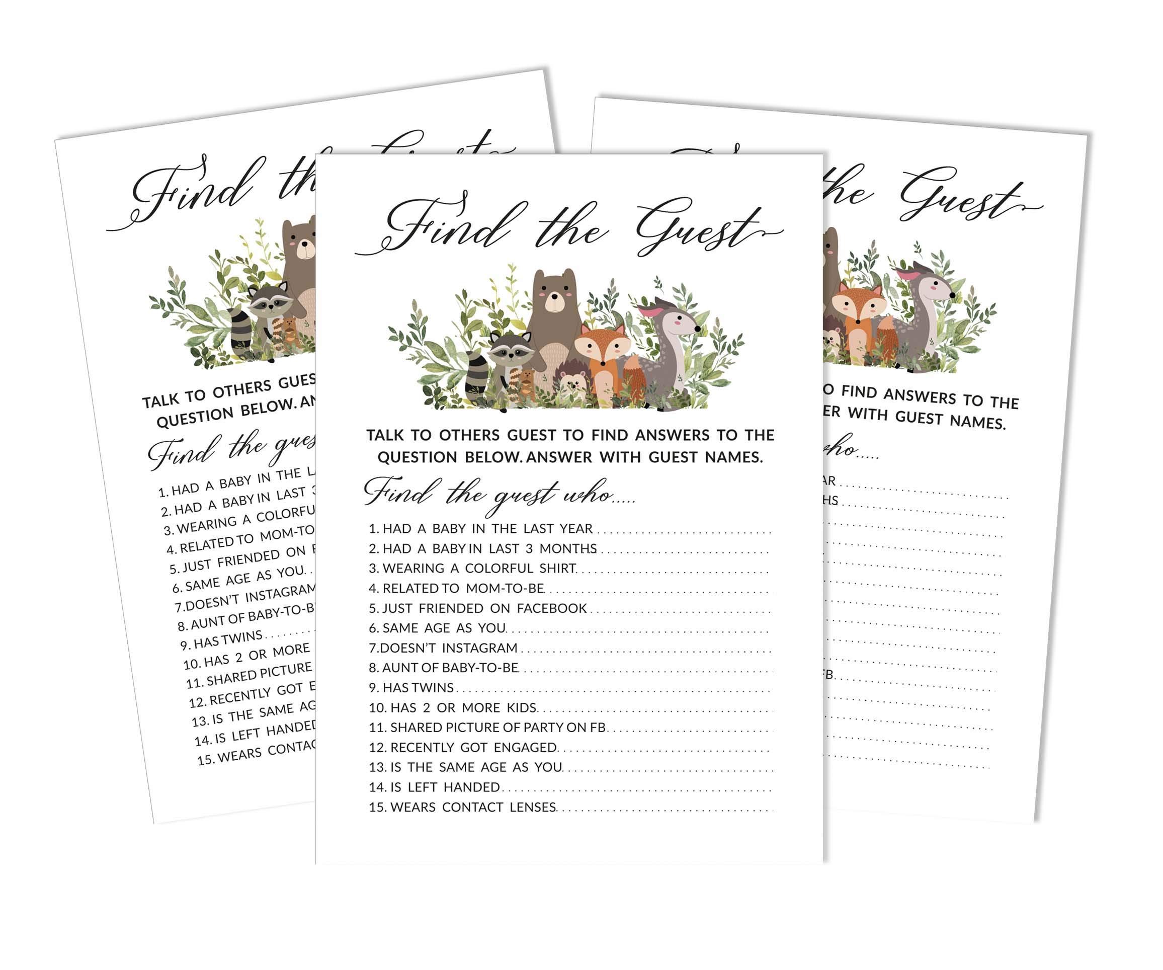 50 Find The Guest Baby Shower Game Cards - Gender Neutral Leaves & Animals Theme - Icebreaker Party Activity for Baby Showers & Gender Reveals