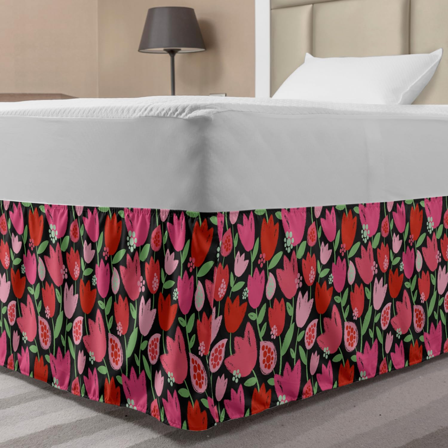 Ambesonne Floral Bed Skirt - Tulip Spring Bloom Design in Pink Warm Colors, Elastic Wrap Around Dust Ruffle for Queen/King Size Beds, Charcoal Grey Multicolor - Perfect for Bedroom Decor & Home Styling