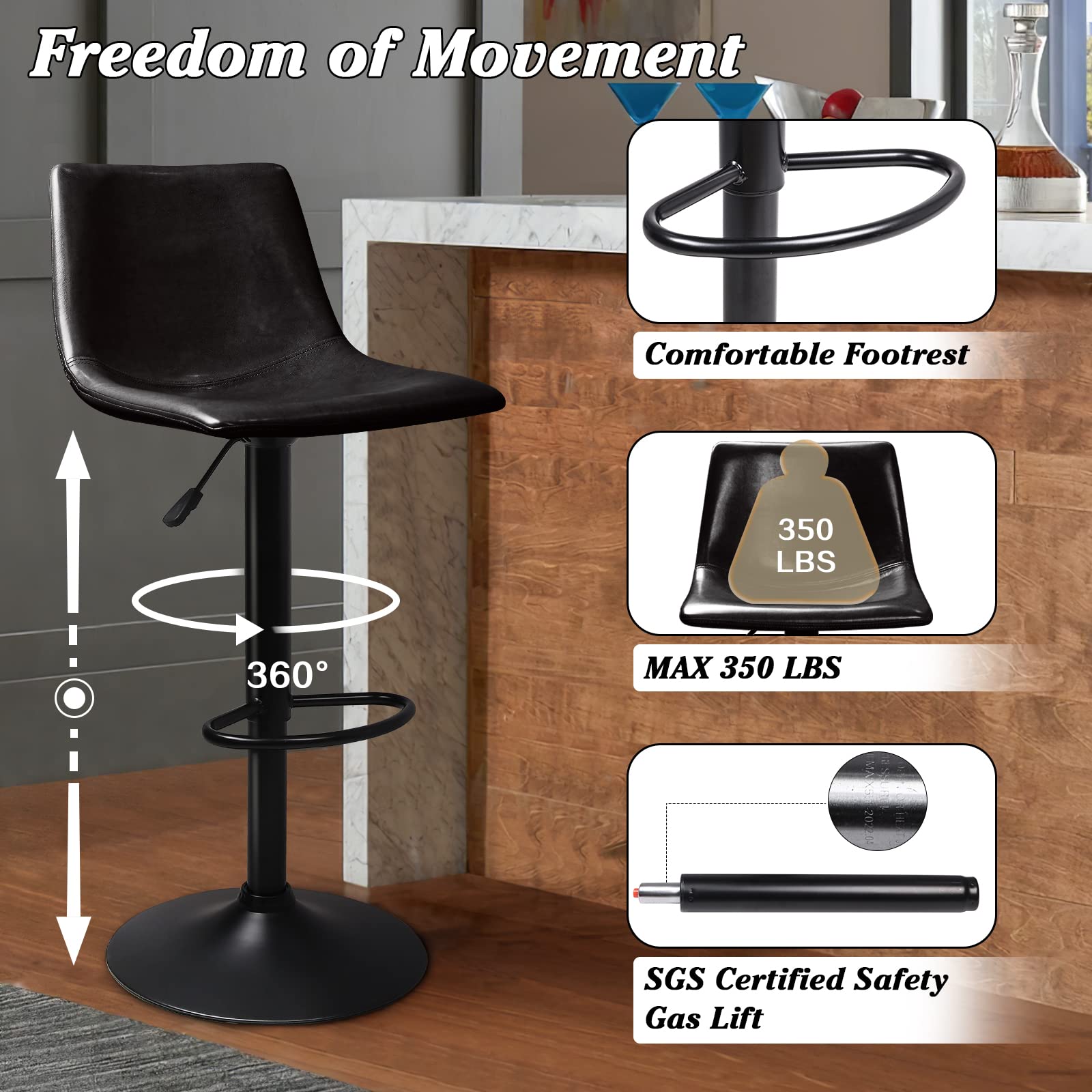 Waleaf Adjustable Swivel Bar Stools Set of 2 - 350 LBS Capacity PU Leather Counter Height Stools with Backrest & Footrest - Perfect for Kitchen Island, Home Bar, Dining Room & Pub Settings