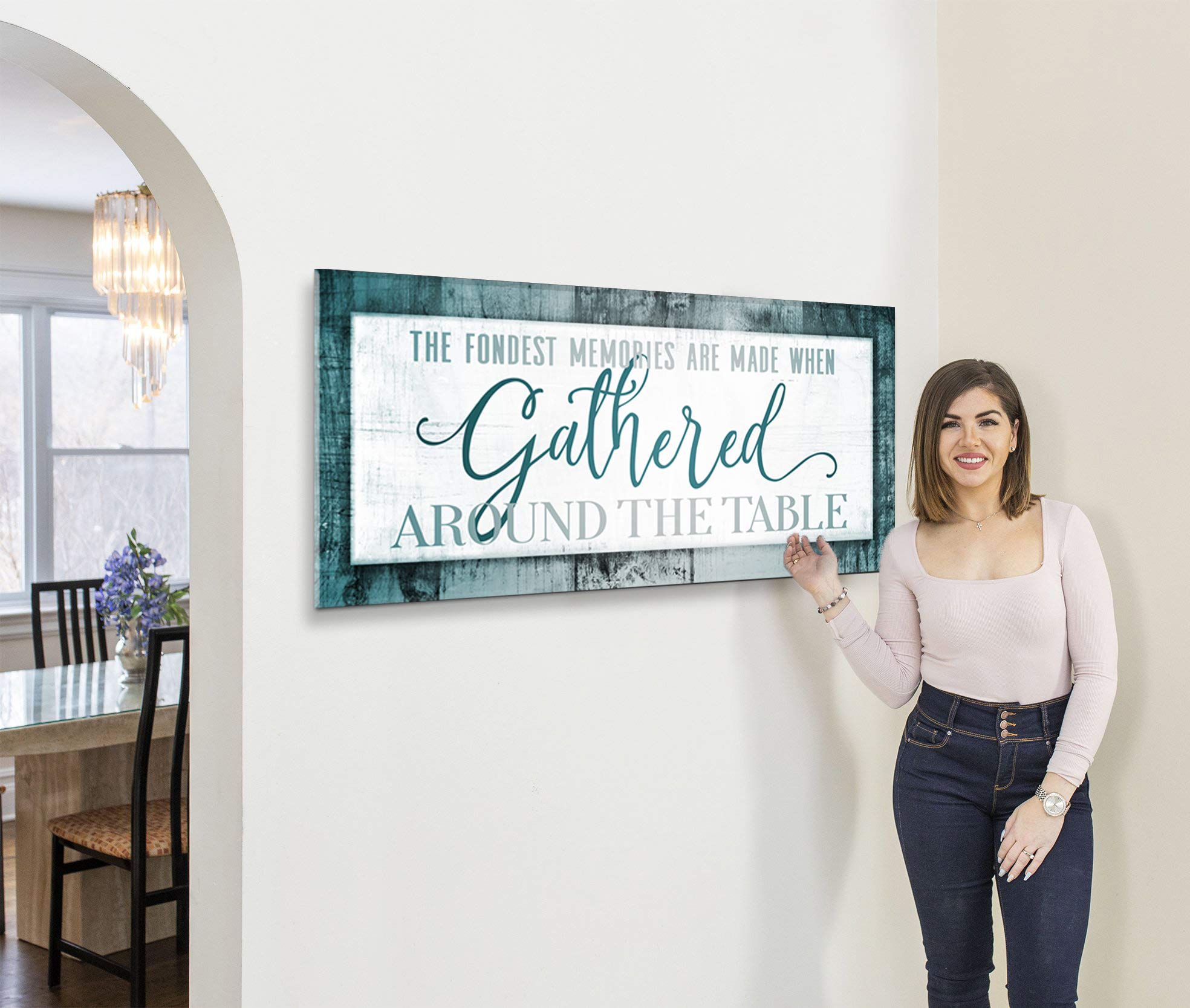 Framed Wall Art Sign - 'The Fondest Memories' | Large 42x19 Inch Kitchen & Dining Room Decor | Rustic Home Gathering Sign for Farmhouse & Modern Interiors | Perfect for Family Photos & Cozy Dining Spaces (Teal)