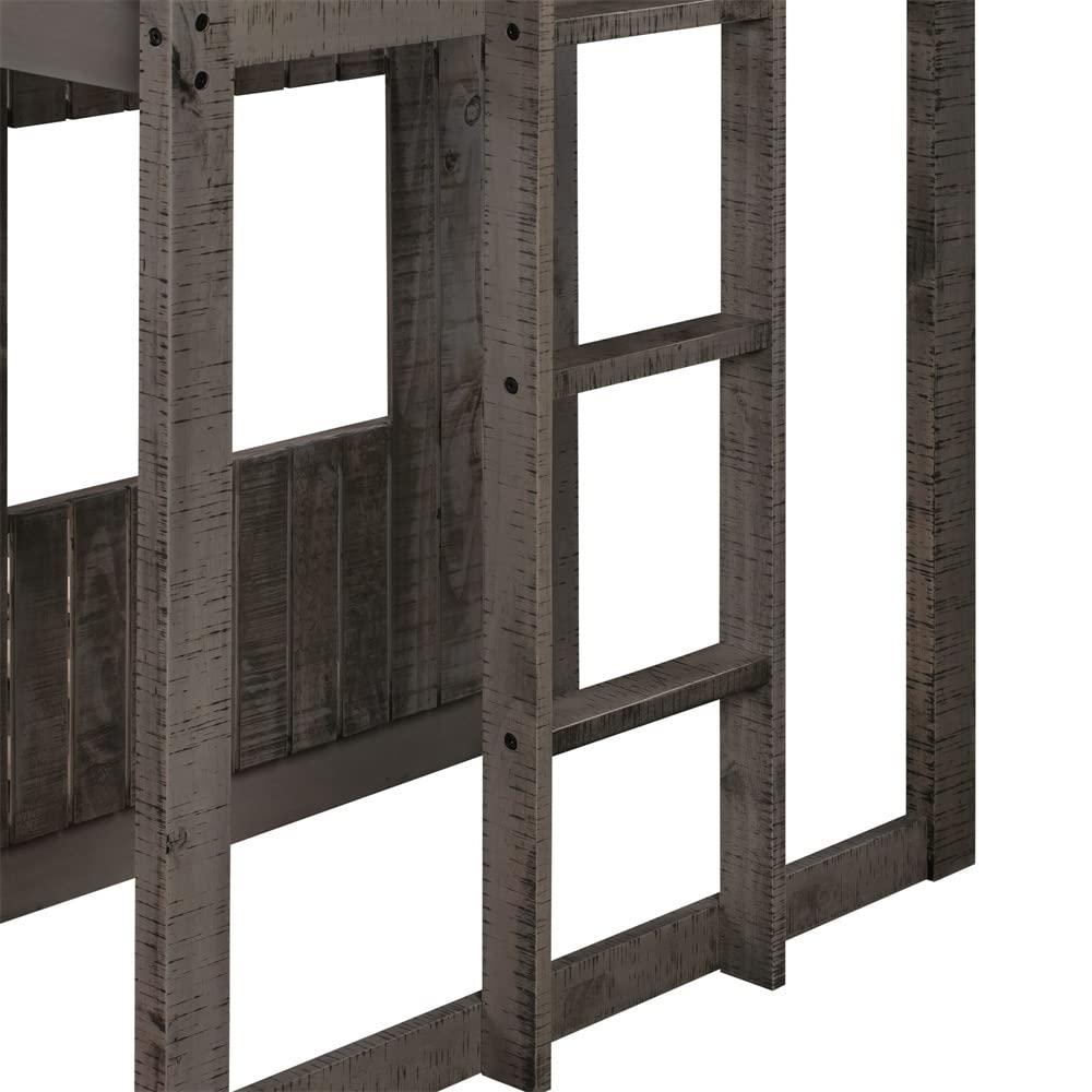 Solid Wood L-Shaped Twin Over Full Bunk Bed with Roof & 4 Windows - Sturdy Loft Bed Frame with Full-Length Guardrails & Ladder - No Box Spring Needed in Antique Gray - Perfect for Kids' Bedroom, Guest Room & Small Space Living