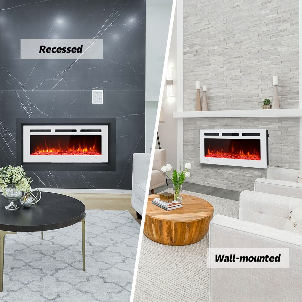 Maxhonor 40-Inch Recessed Electric Fireplace Wall Heater - 1500W/750W with Remote Control, Timer, 12 Flame Colors & 5 Settings - White Glass Panel for Living Room, Bedroom & Office