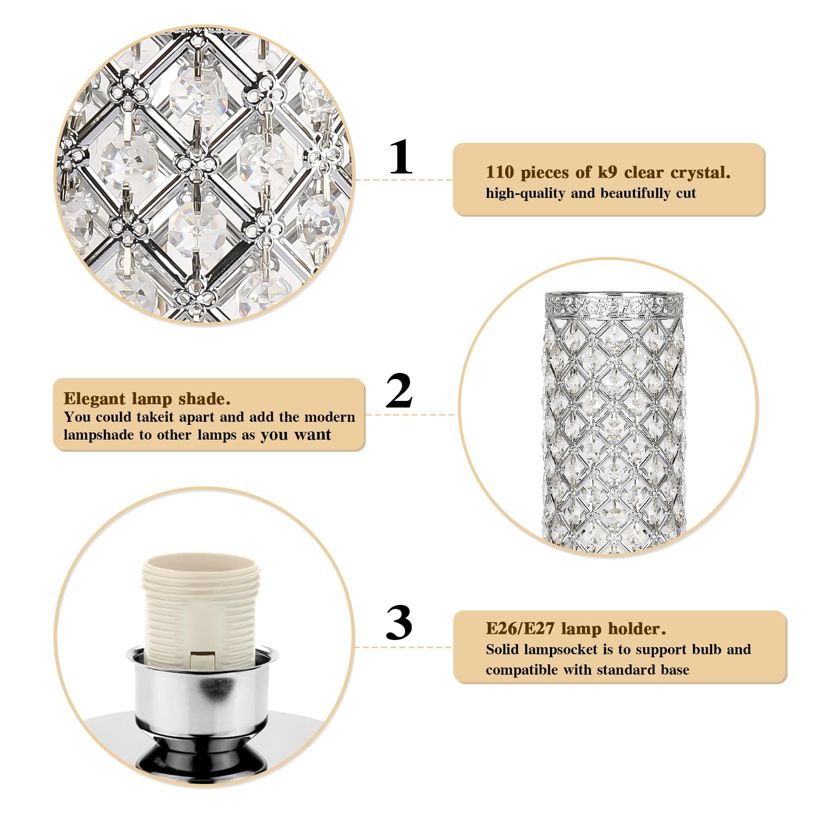 Crystal Table Lamp - Touch Control Dimmable Modern Desk Lamp with Silver Shade, Night Light for Bedroom, Living Room & Kitchen | Coastal Decor, Reading Light, Home Office Lighting