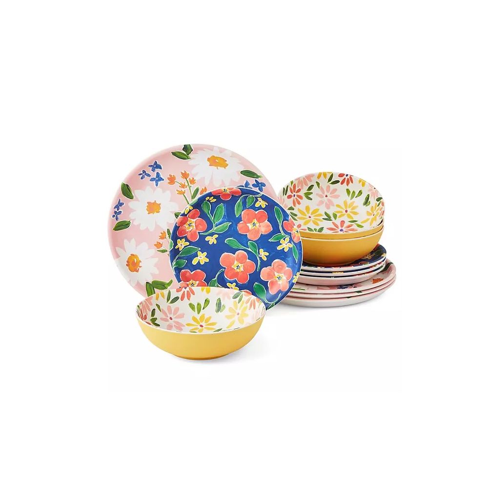 12-Piece Bamboo Melamine Dinnerware Set - Floral Design, Durable & Eco-Friendly Plates, Bowls, Cups - Perfect for Outdoor Dining, Picnics, Camping & Everyday Use