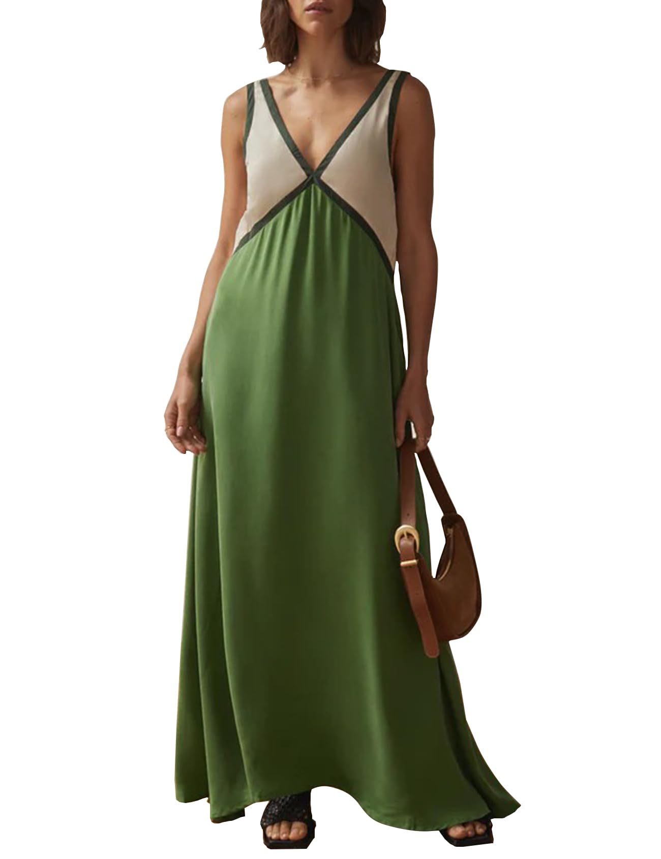Women's Summer Color Block Satin Maxi Dress - Loose V-Neck Contrast Patchwork Flowy Beach Vacation Long Tank Dress for Pool Parties, Tropical Getaways & Casual Outings