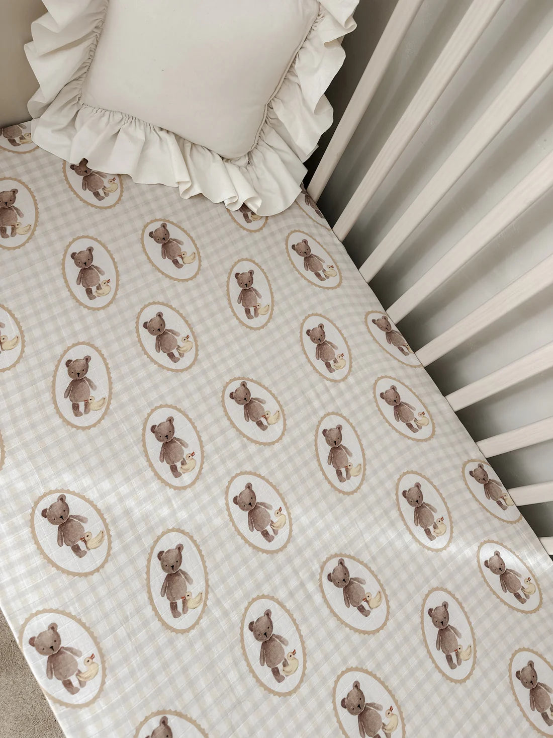 Organic Muslin Cot Sheet for Babies - Soft & Breathable Pop Ya Tot Design with Ted & Duck - Perfect for Nursery, Crib, and Travel Use