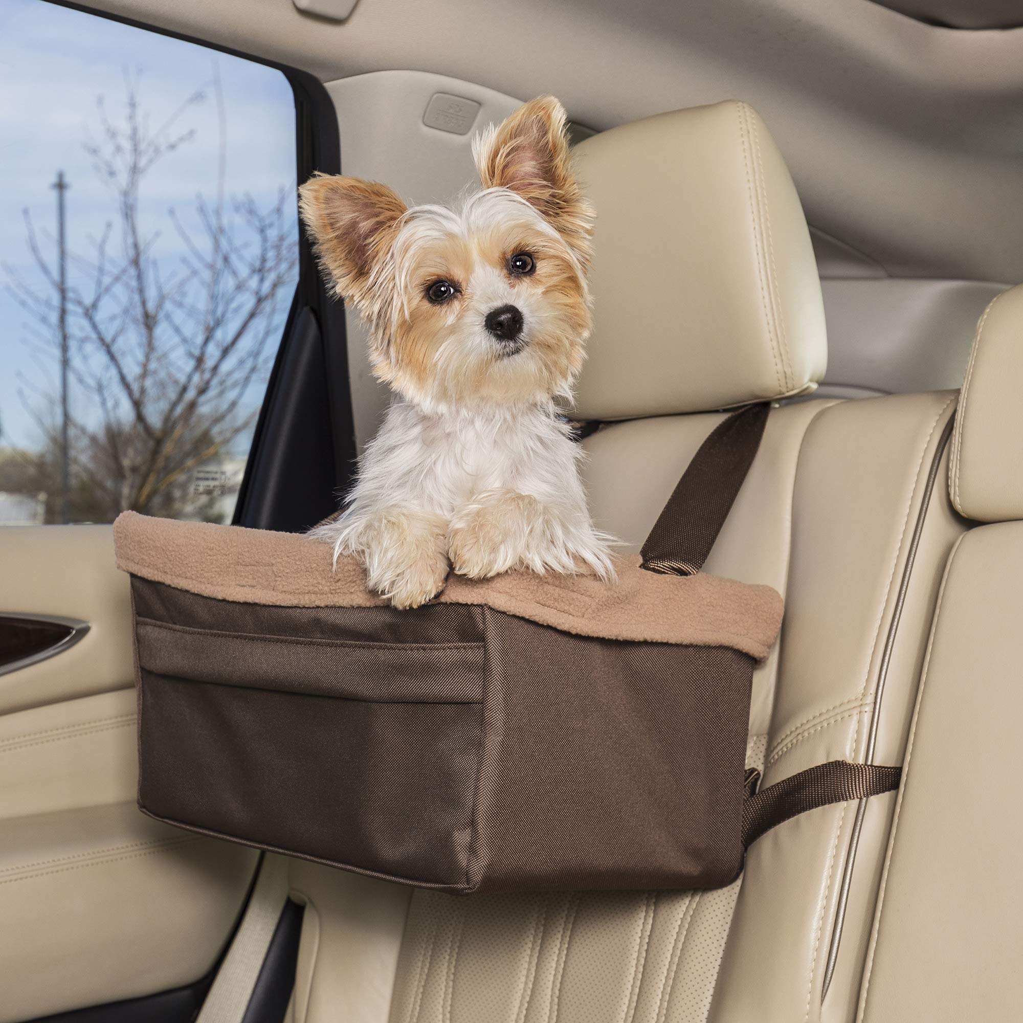 PetSafe Happy Ride Dog Booster Seat for Cars, Trucks & SUVs - Adjustable Pet Car Seat with Soft Fleece Liner - Machine Washable & Easy Clean - Medium Size Brown - Perfect for Road Trips & Vet Visits