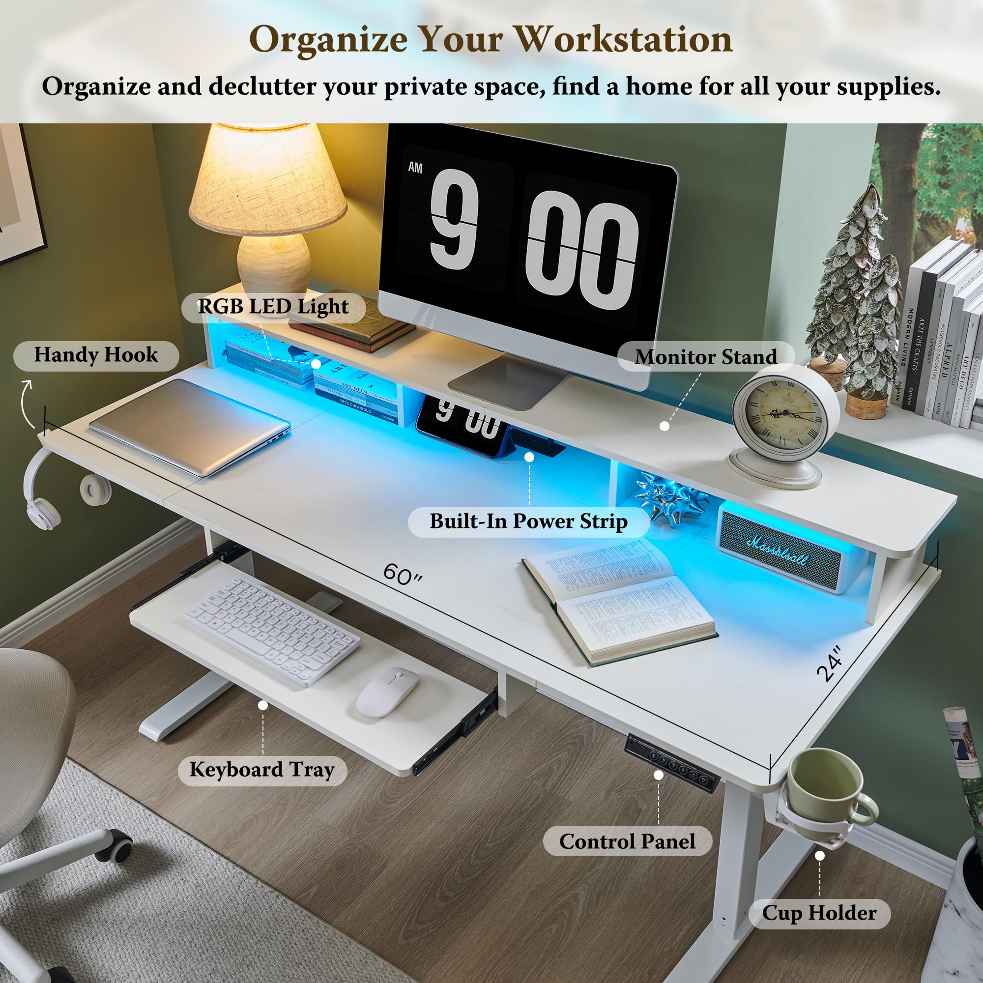 RedLemon 60 Inch Electric Height Adjustable Gaming Desk with Power Outlets, LED Lights, Keyboard Tray & Monitor Shelf - Ergonomic Standing Computer Desk for Home Office, Gaming Setup & Workstation (White)