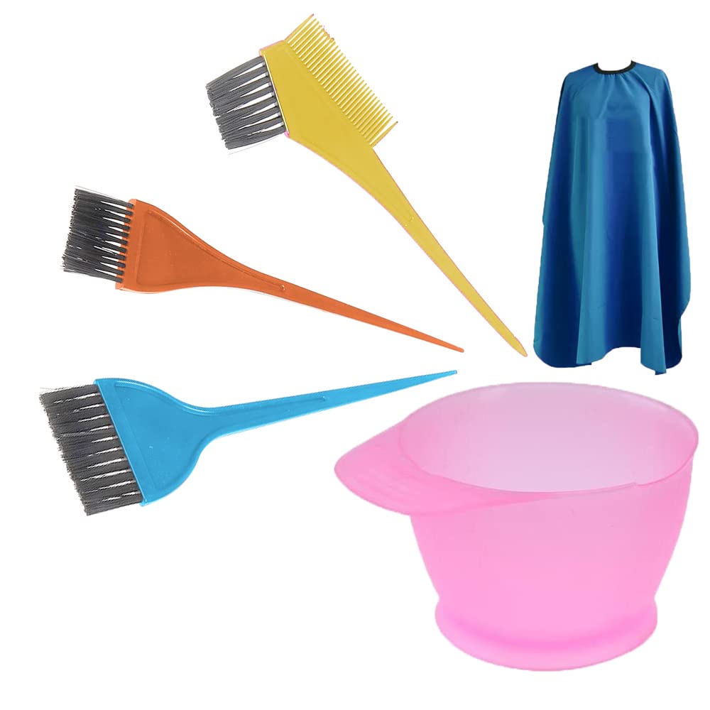 Ayushi Creations Hair Coloring Brush Bowl and Apron Set - Professional Salon Hair Dyeing Kit with ABS Plastic Bowl, Brushes & Apron - Multicolor Pack of 5 (Combo-2) - Perfect for At-Home Hair Coloring & Salon Styling