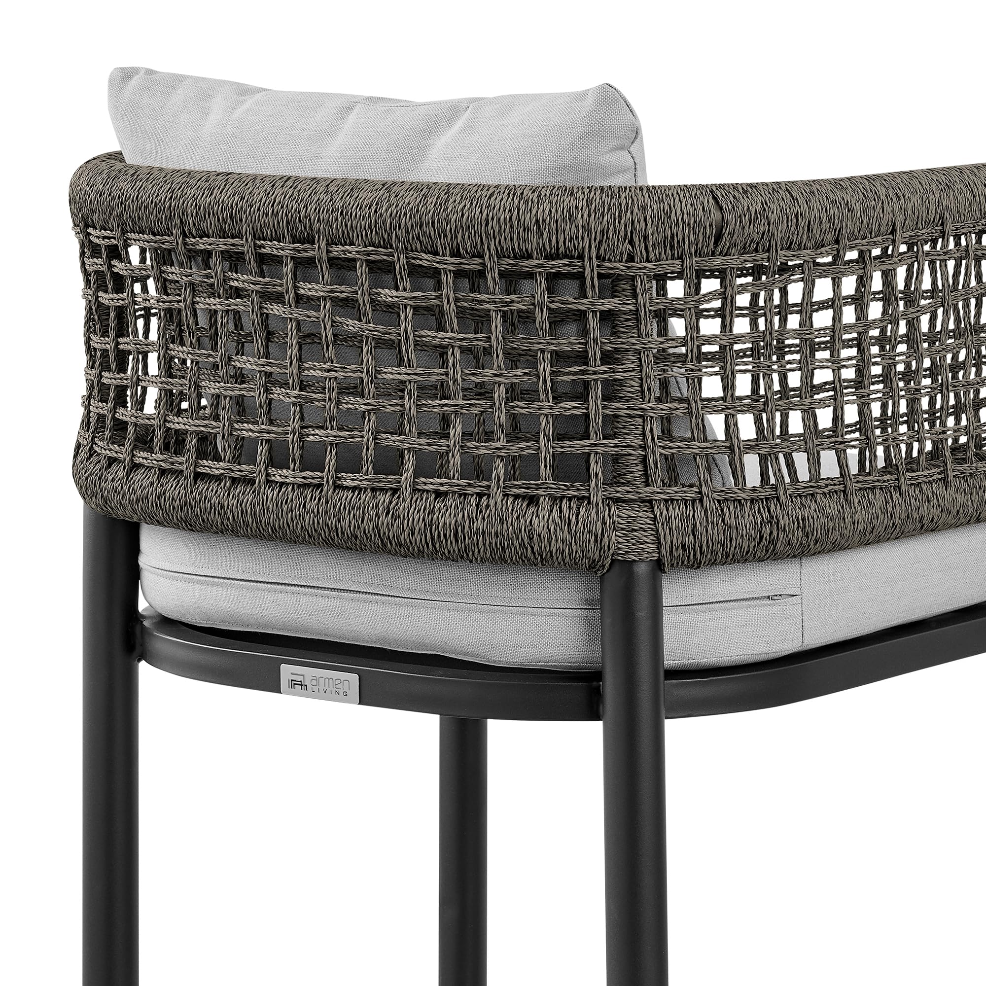 Armen Living Alegria Outdoor Patio Counter Height Bar Stool - Aluminum Frame with Grey Rope & Cushions - Perfect for Backyard, Deck, and Poolside Dining