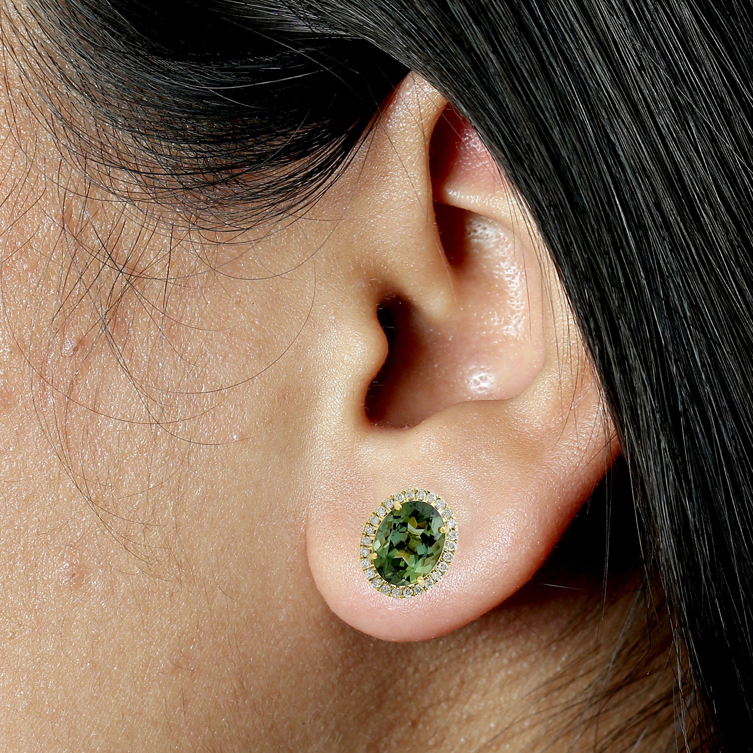 18K Yellow Gold Green Tourmaline Diamond Stud Earrings | Genuine Gemstone Jewelry for Women | Perfect for Weddings, Parties & Special Occasions
