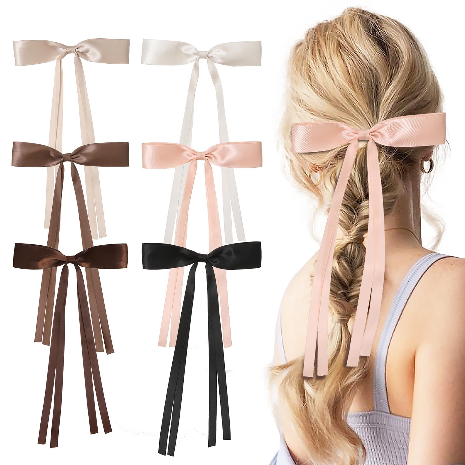 6PCS Cute Hair Bow Clips Set for Women & Girls - Soft Ribbon Barrettes with Long Tails for Thin or Thick Hair | Perfect for School, Parties, Weddings & Daily Styling