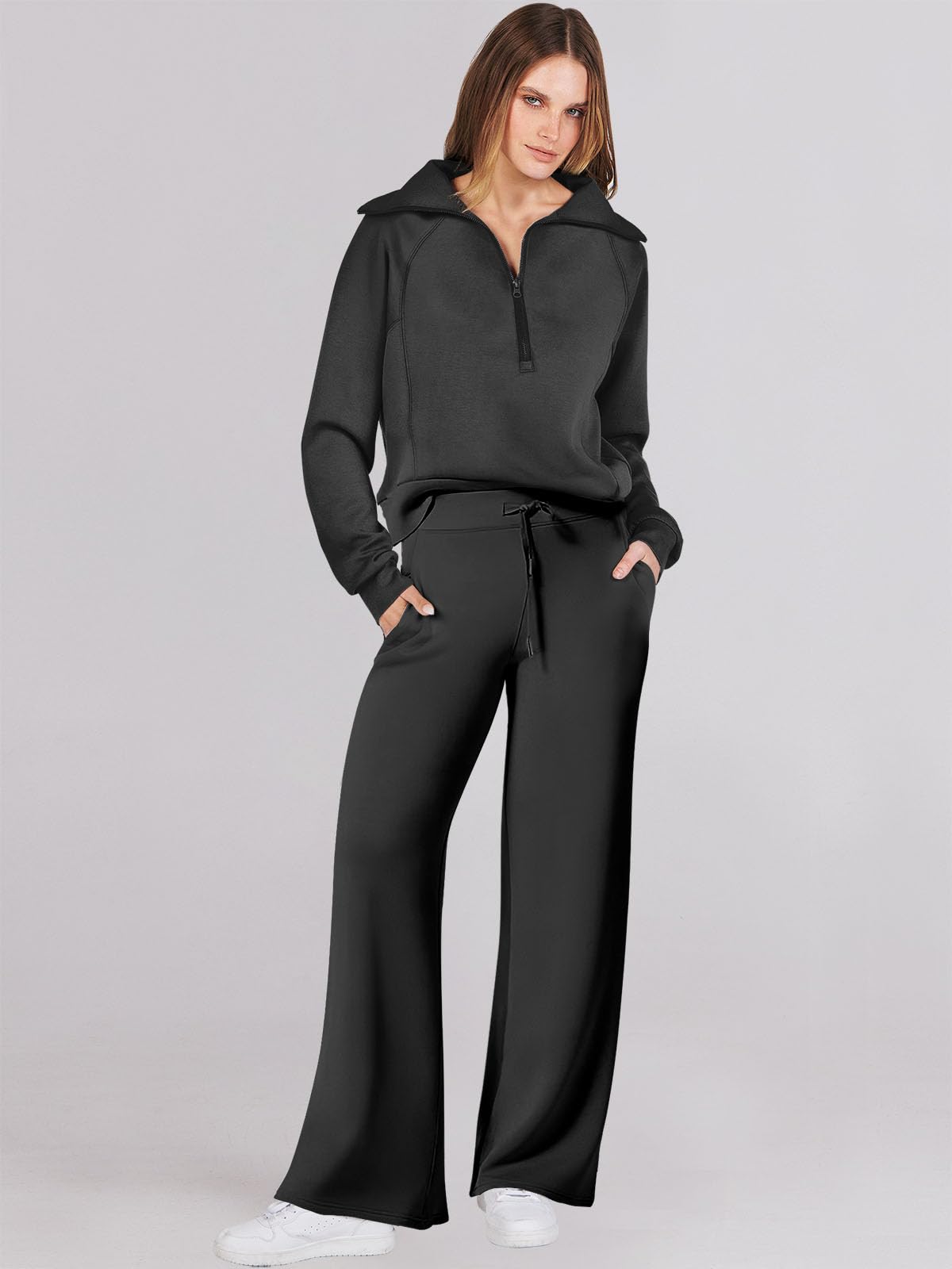 Caracilia Women's 2-Piece Oversized Sweatsuit Set - Half Zip Hoodie & Wide Leg Sweatpants | Fall Lounge Wear, Casual Outfit, Athleisure Tracksuit for Women | Perfect for Home, Gym, Running Errands & Coffee Dates