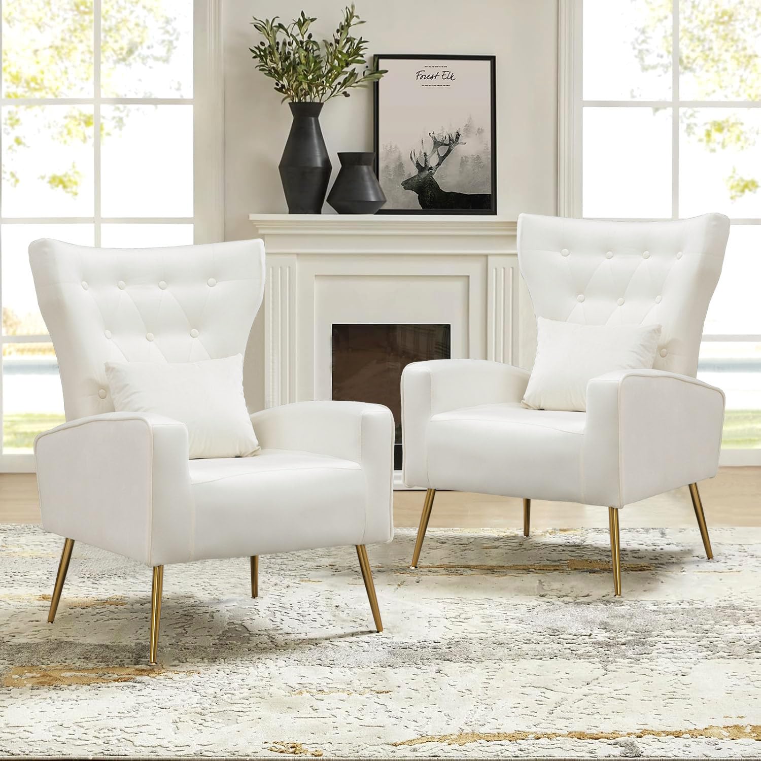 Velvet Accent Chairs Set of 2 - Mid Century Modern Wingback Armchairs with Button Tufted Upholstery & Gold Metal Legs - Living Room, Bedroom, Office Seating - Includes Lumbar Pillow (White) - Perfect for Home Decor, Lounge Reading Nook & Cozy Sitting Area