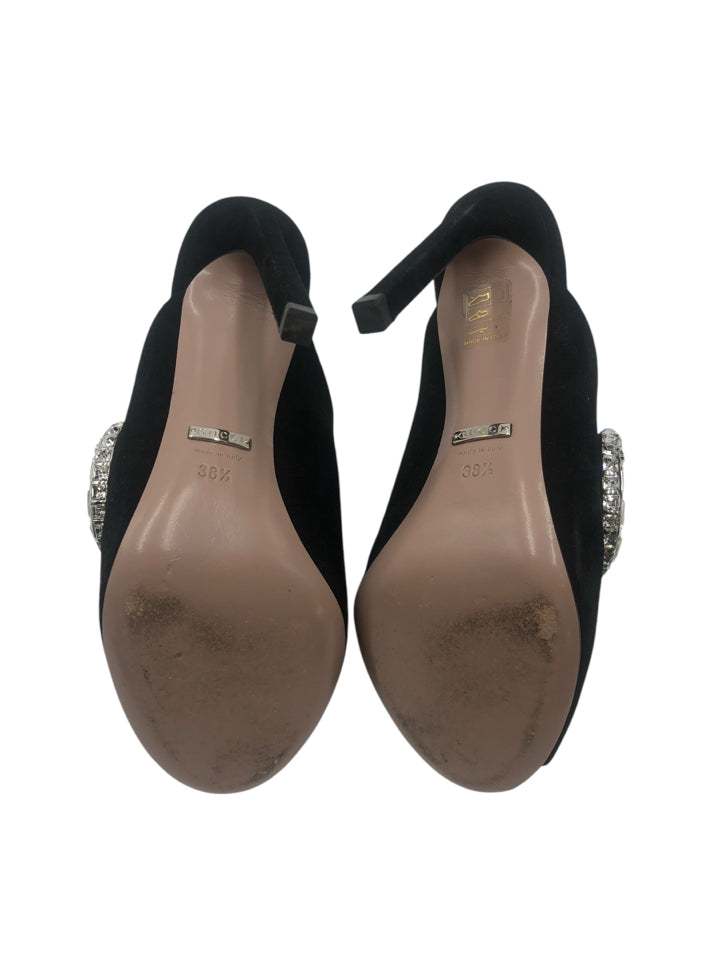 Gucci Maxime Crystal Icon Peep Toe Heeled Mule Sandals Women's Size 38.5 (US 8.5) - Luxury Evening Party & Wedding Shoes for Women