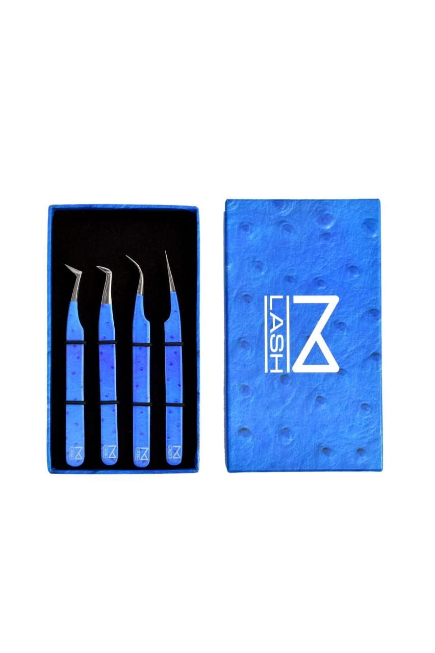 Professional Eyelash Extension Tweezers Set of 4 - Japanese Steel Precision Lash Tweezers with Diamond Grip & Fiber Tip for Salon & DIY Lash Extensions - Perfect for Volume, Classic & Hybrid Lashes (V202)