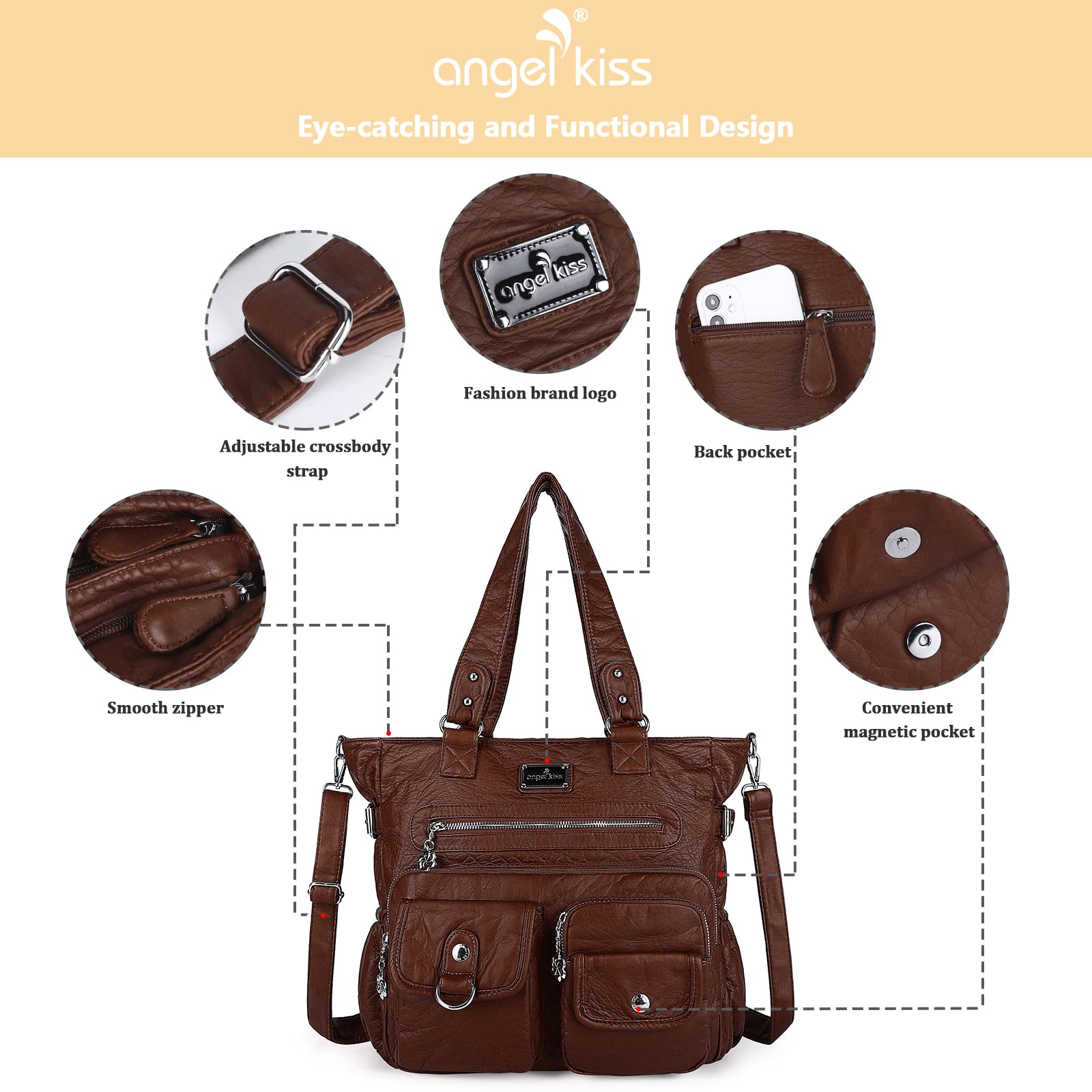 Angelkiss Women's PU Tote Shoulder Bag with Pockets - Perfect for Work & Travel