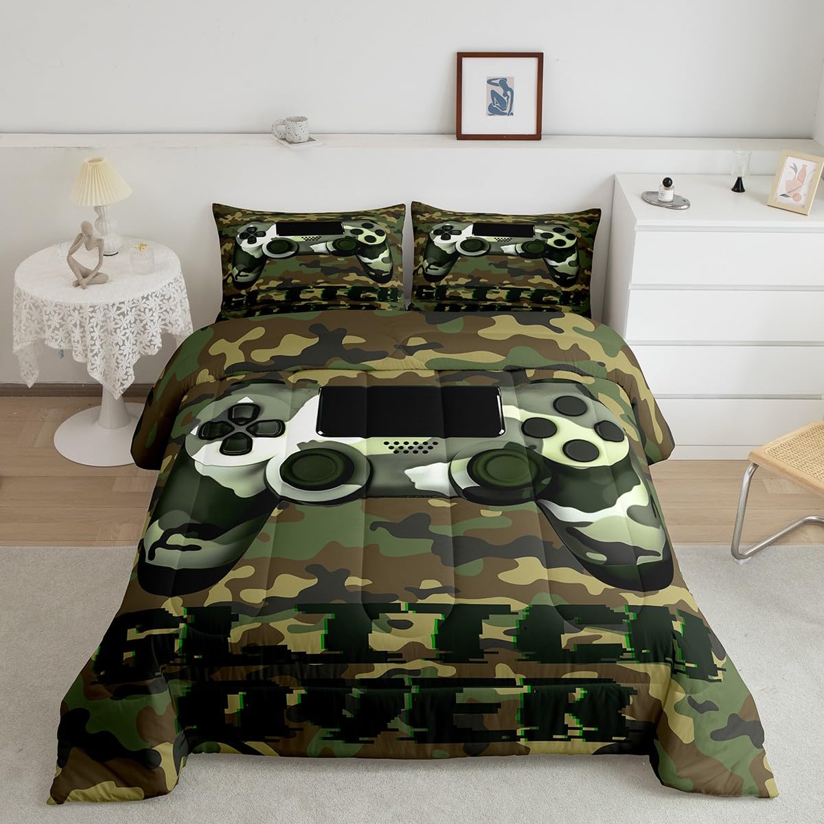 Erosebridal Twin Gaming Bedding Set for Boys - Army Green Comforter, Sheets & Pillowcase - Perfect for Gamer Room Decor & Kids/Toddler Bedrooms