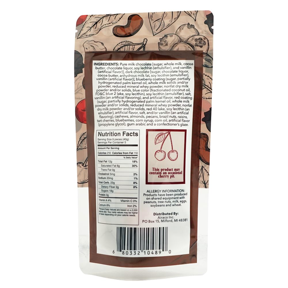 Premium Gourmet Chocolate Fruit & Nut Mix - Handcrafted Milk Chocolate Covered Almonds, Cherries & Blueberries - Deluxe Gift for Chocolate Lovers - 8oz Resealable Bag - Perfect for Holiday Gifting, Party Snacks & Office Treats