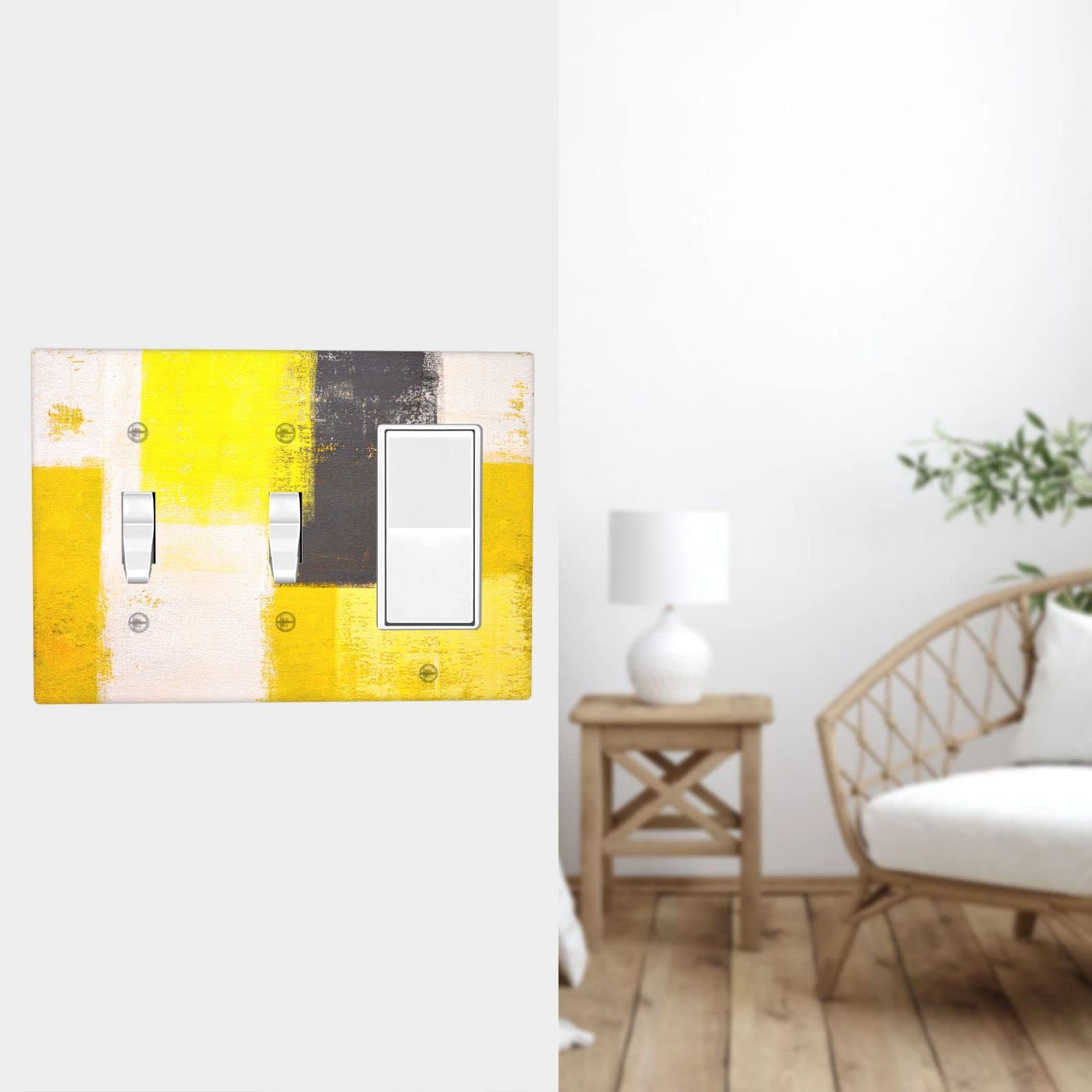 Abstract Yellow Light Switch Cover - Decorative 3 Gang Double Toggle Rocker Wall Plate - Funny Faceplate (4.5