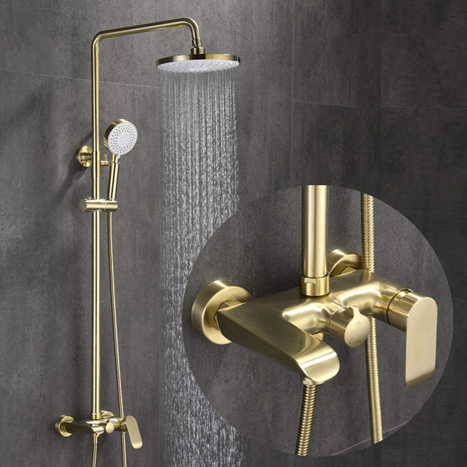 Brushed Gold Shower Faucet Set - 3-Function Wall Mounted Shower System with 8 Inch ABS Rainfall Shower Head & Mixer Taps | Perfect for Modern Bathroom Renovation & Spa-Like Shower Experience