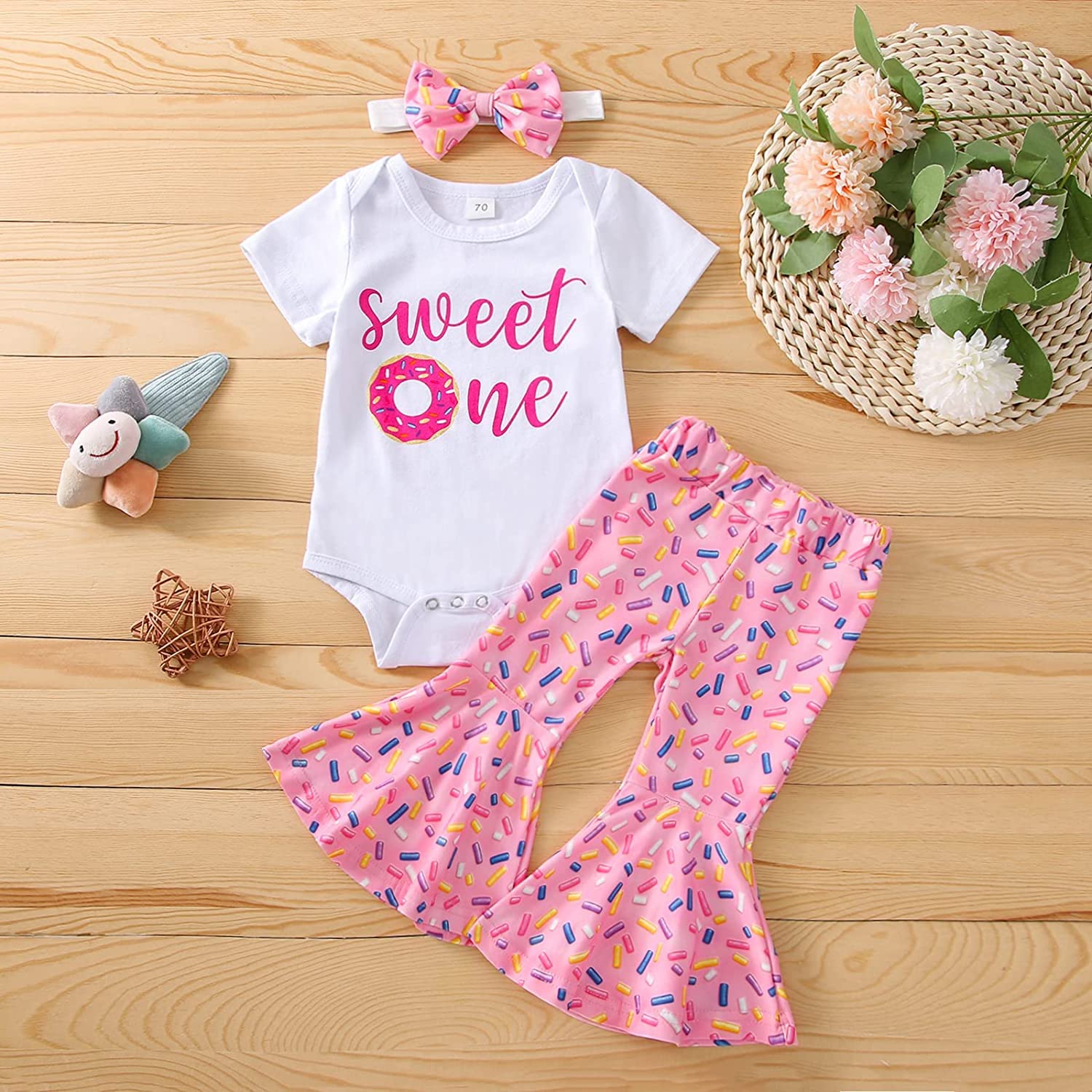 ZyHwShine Toddler Baby Girl Birthday Outfit - Sweet Short Sleeve T-Shirt with Donut Shorts or Flare Pants 2-Piece Summer Clothes Set for 1-2 Year Olds | Perfect for Birthday Parties, Photo Shoots & Summer Playdates