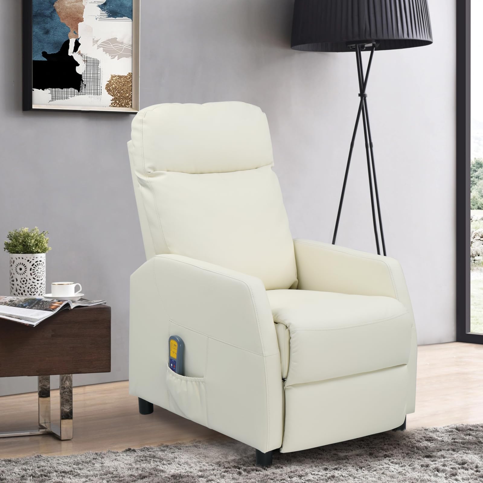 LEADZM Electric Massage Recliner Chair with Heating, Manual Rocking Backrest, Cream White PU Leather - Perfect for Living Room, Bedroom & Home Theater Relaxation