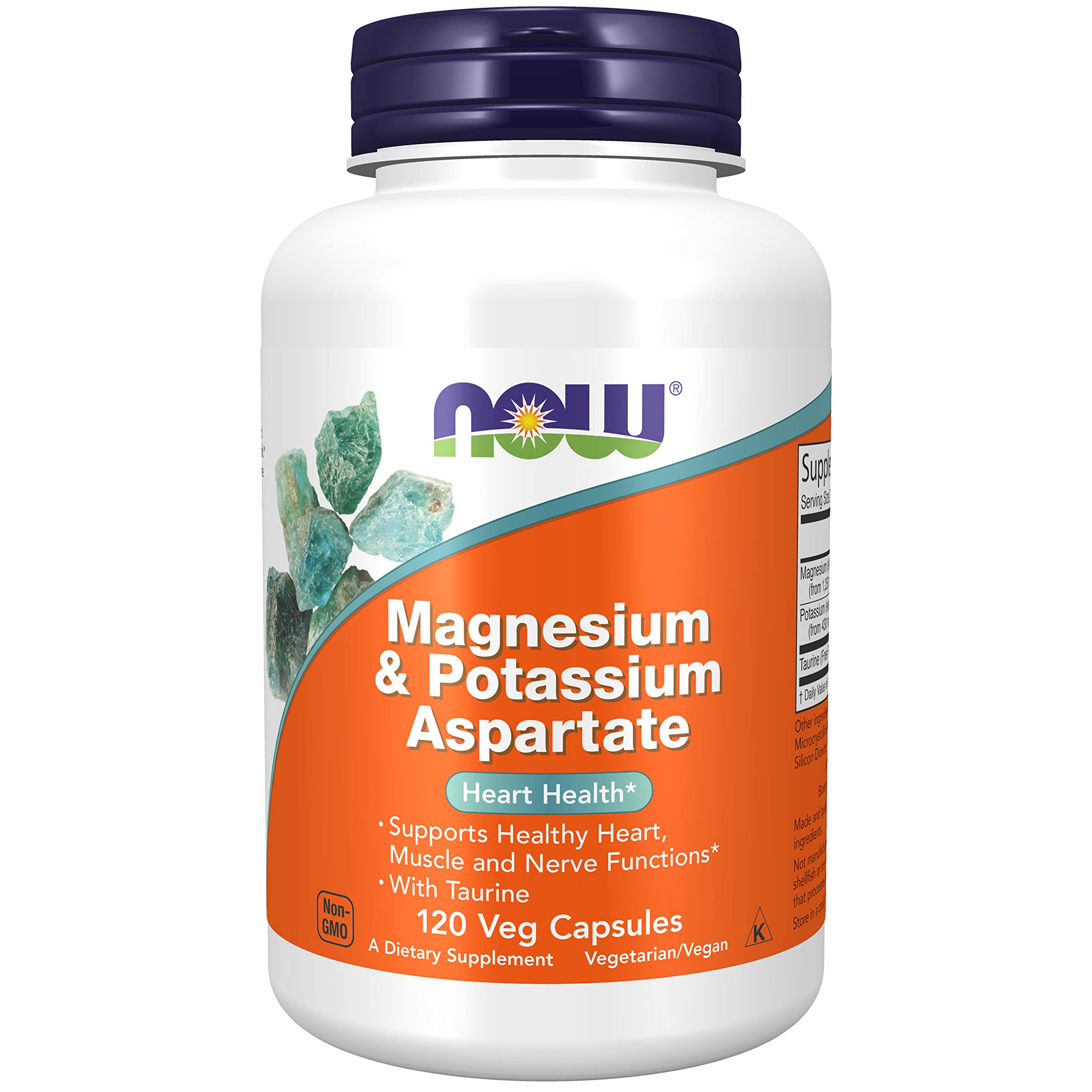 NOW Supplements Magnesium & Potassium Aspartate with Taurine - 120 Veg Capsules for Heart Health Support | Cardiovascular Wellness Supplement for Active Adults & Athletes