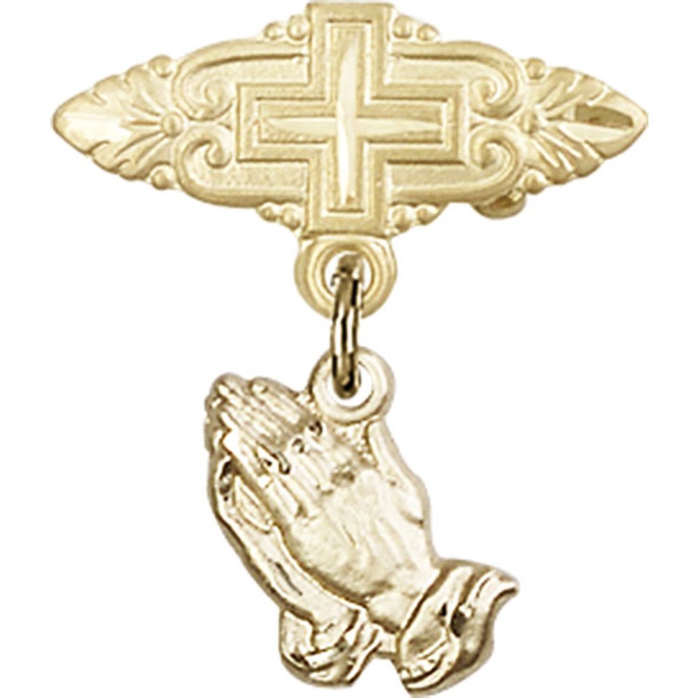 Gold Filled Baby Badge with Praying Hands Charm & Cross Pin - Perfect for Christening Gifts, Baptism Keepsakes & Religious Jewelry Collections