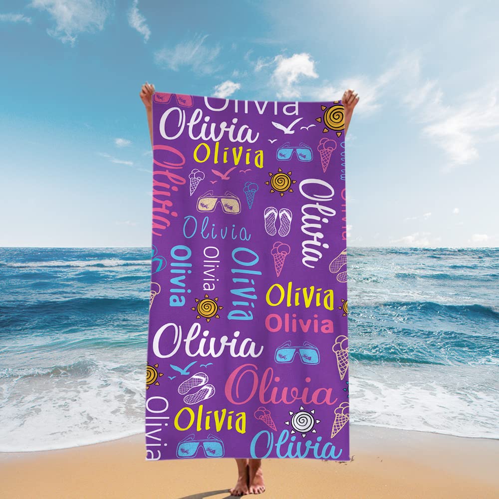 Personalized Monogram Beach Towel with Name - Custom Sand Free Quick Dry Microfiber Towel for Kids & Adults - Perfect for Pool, Beach, Bath & Funny Gift Giving