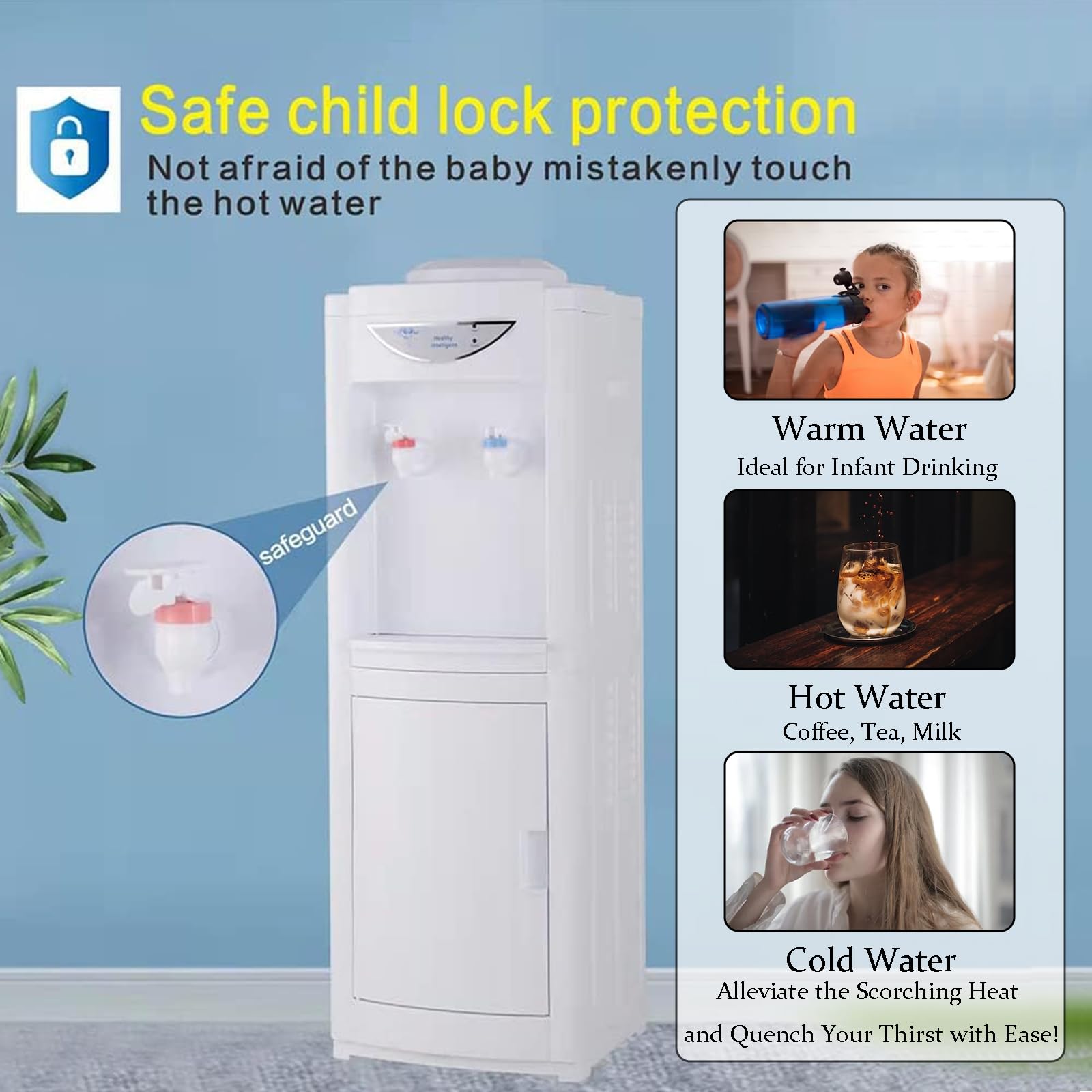 Best Top Loading Water Cooler Dispenser for 3/5 Gallon Bottles - Child Safety Lock & Storage Cabinet - Hot & Cold Water Dispenser for Home, Office, Kitchen - White - Perfect for Hydration Station in Schools, Gyms, and Waiting Rooms