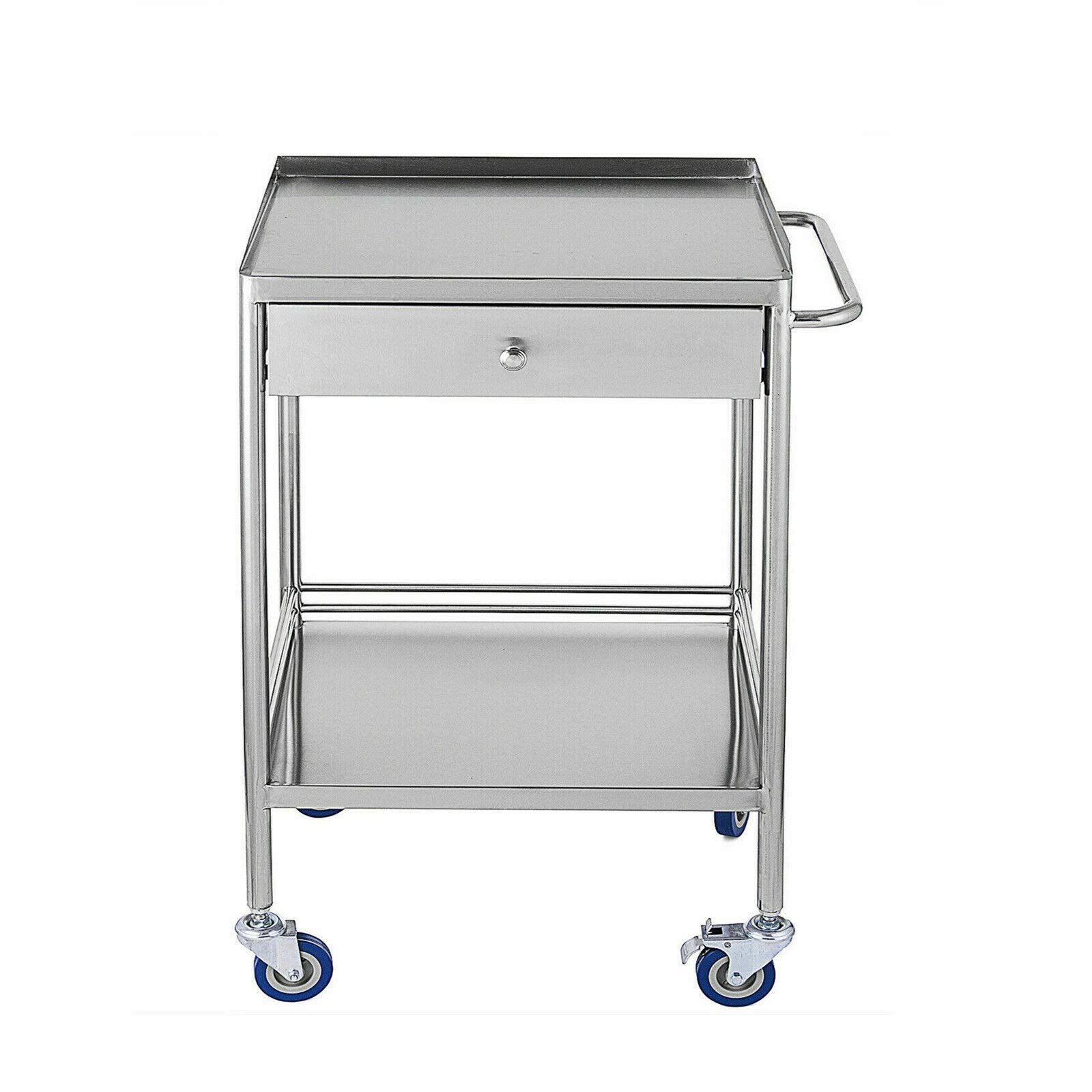 2-Tier Stainless Steel Mobile Utility Cabinet with Single Drawer - Heavy Duty Industrial Service Cart with 4 Silent Wheels - Perfect for Lab, Workshop, Garage & Commercial Use - Tool Organizer & Storage Cart