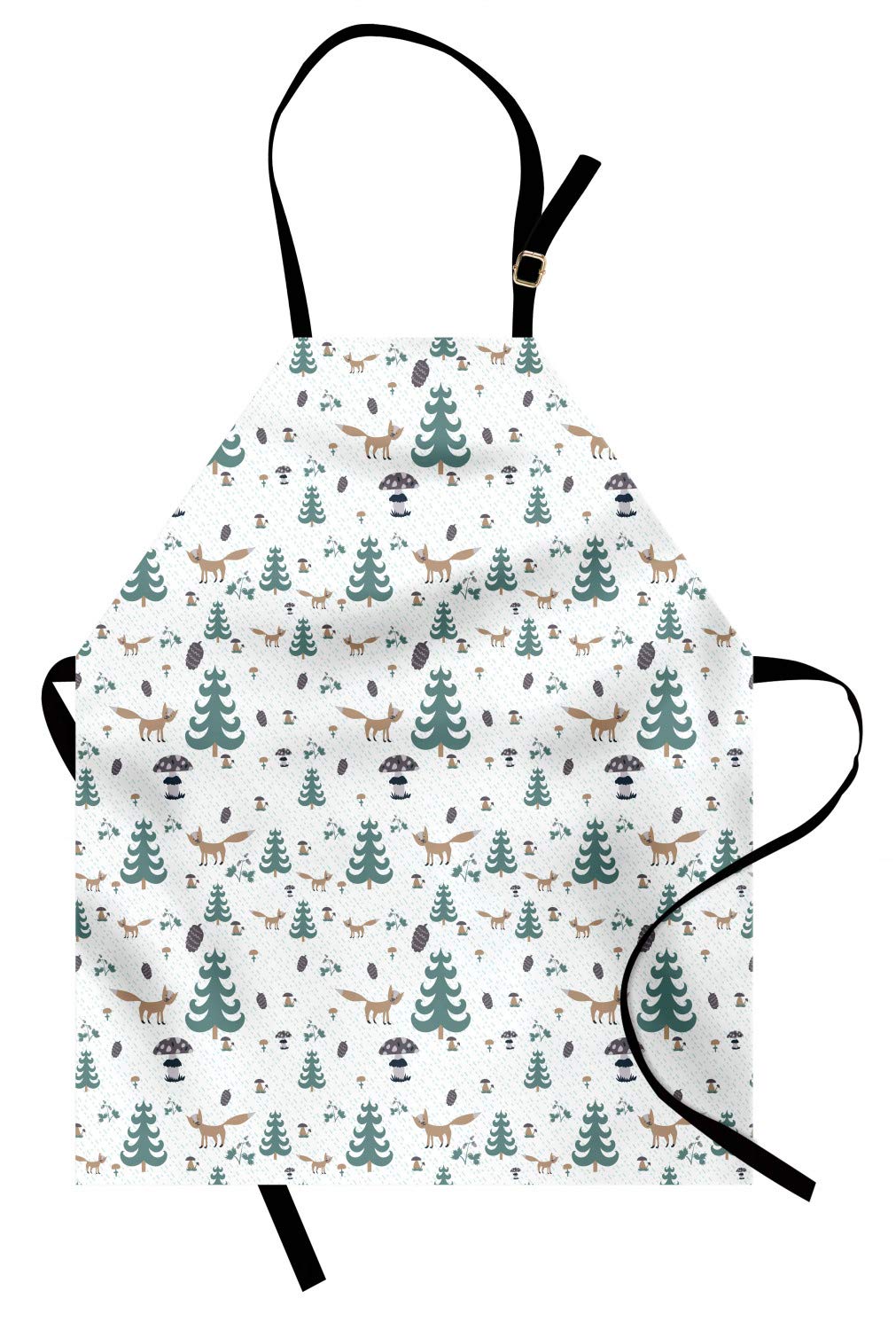 Ambesonne Forest Friends Apron - Unisex Adjustable Kitchen Bib Apron with Trees, Pine Cones, Foxes & Mushrooms Pattern - Perfect for Cooking, Baking, Gardening & Outdoor BBQ Parties