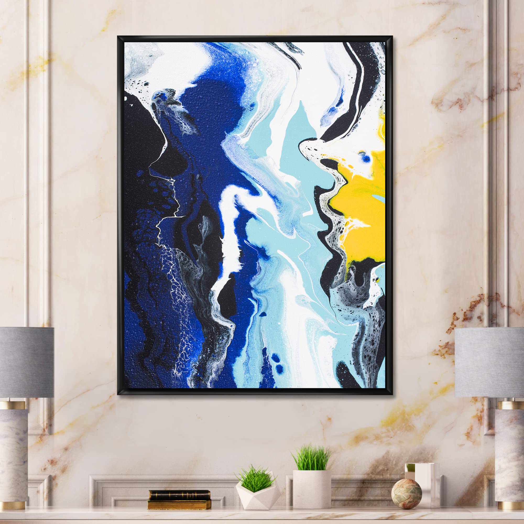Abstract Yellow and Blue Waves Framed Canvas Wall Art - Modern Home Decor for Living Room, Bedroom & Office | Ready to Hang