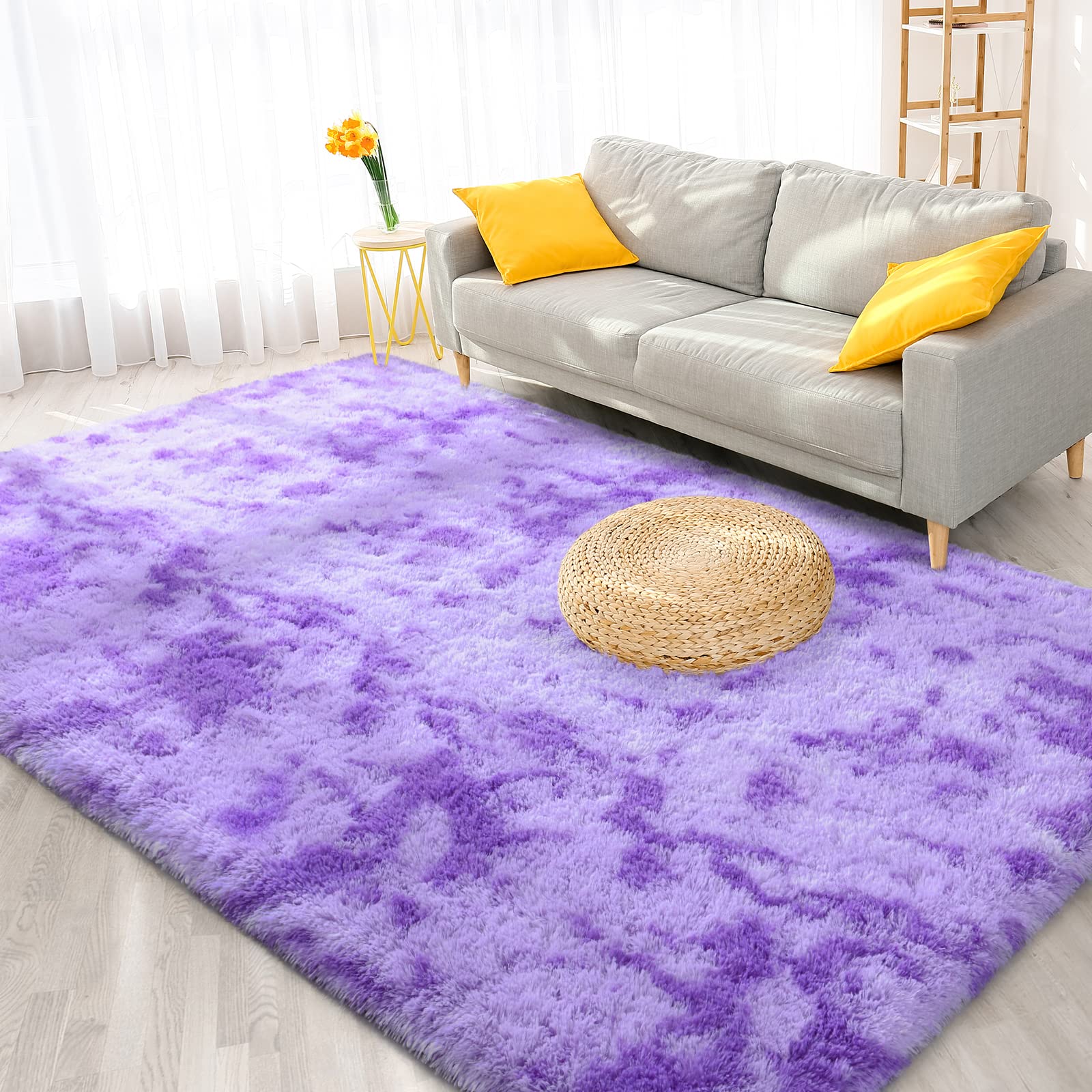 FlyDOIT Purple Tie-Dyed Shaggy Area Rug 4x6 Feet - Ultra Soft Plush Fluffy Living Room Rug, Modern Fuzzy Throw Carpet for Bedroom, Nursery, Kids Room & Dorm Decor - Perfect for Cozy Home & Boho Chic Style