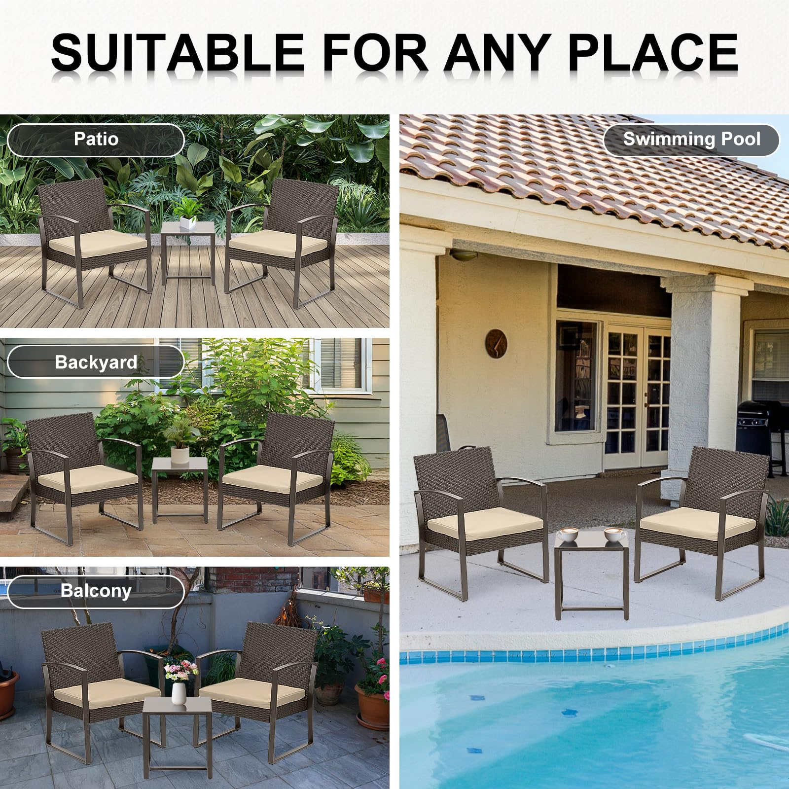 BPS 3-Piece Outdoor Patio Furniture Set - Brown Wicker Chairs with Beige Cushions & Glass Top Table for Garden, Poolside, Backyard or Balcony | Perfect for Relaxing, Entertaining & Outdoor Dining