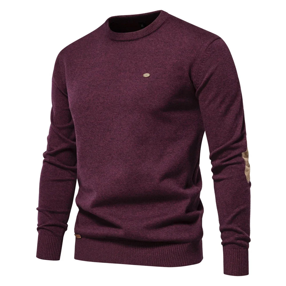 Men's Autumn Cotton Sweater - O Neck Patchwork Sleeve Pullover | Solid Color Warm Winter Knitwear | Casual Office Wear & Cold Weather Layering