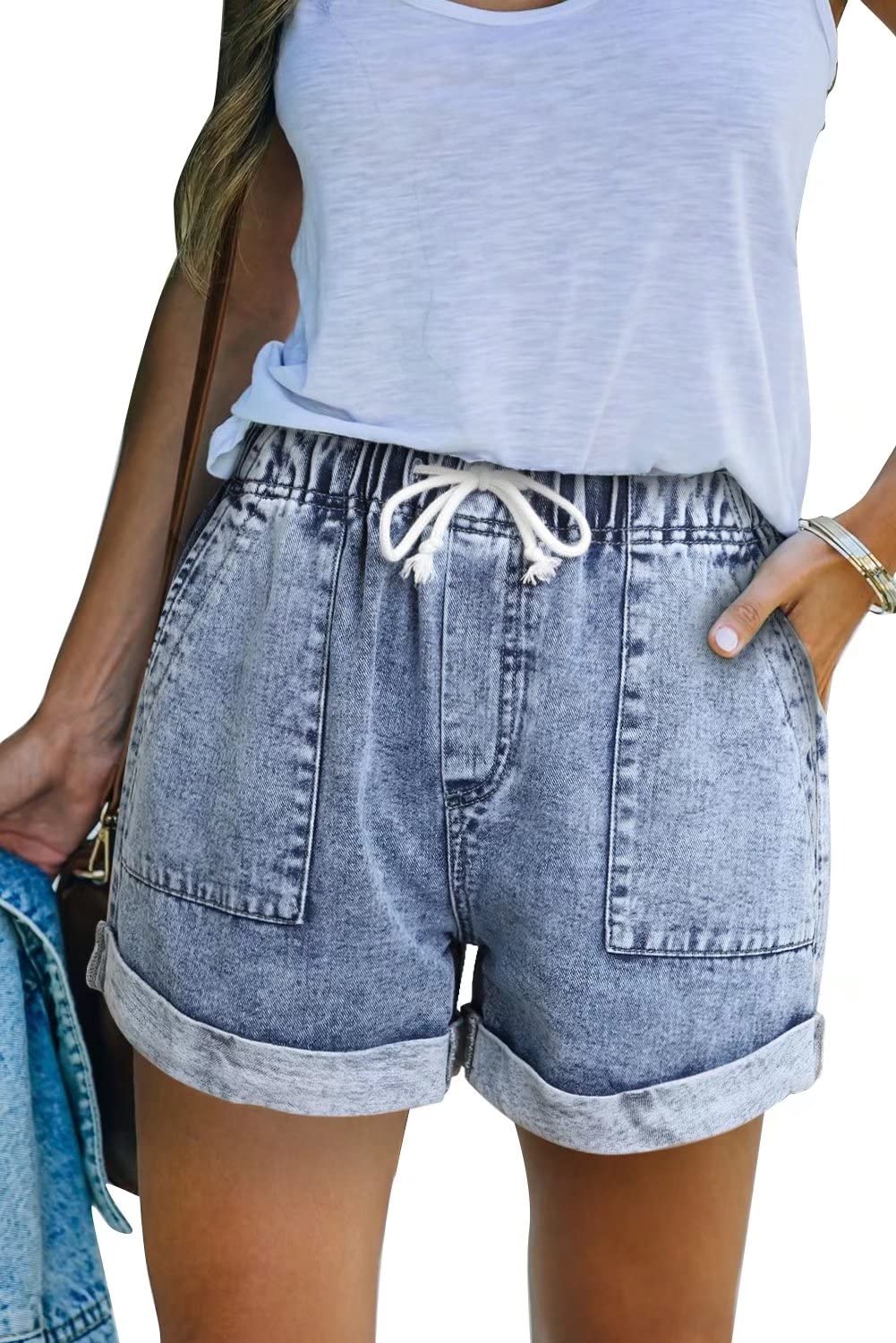 FEKOAFE Women's High Waist Denim Shorts - Stretch Comfort Fit with Drawstring & Pockets | Casual Summer Outfits, Beach Wear, Street Style Fashion