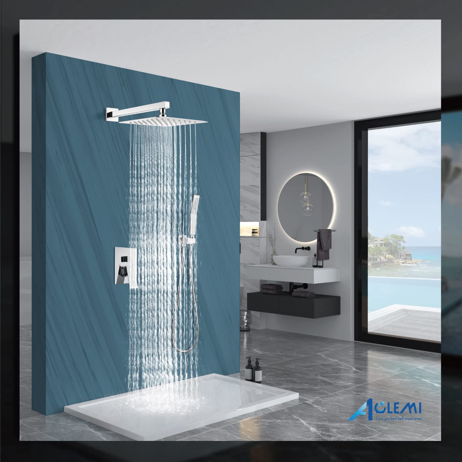 Aolemi 12 Inch Wall Mount Shower Faucet Set - Polish Chrome Rain Shower System with Handheld Spray, Rough-in Valve & Trim Kit - Perfect for Modern Bathroom Renovation & Spa-Like Shower Experience